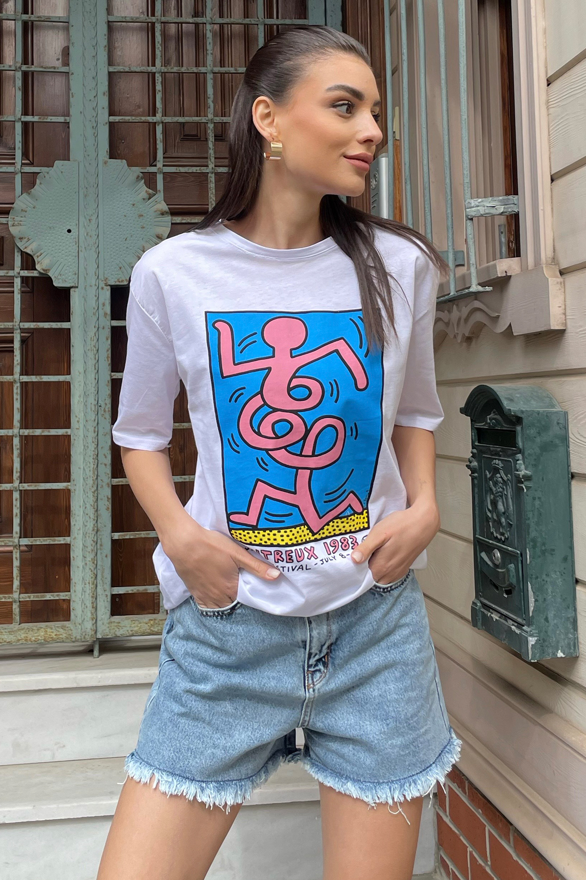 Bisiklet Yaka Ön Arka Baskılı Oversize T-Shirt - Beyaz
