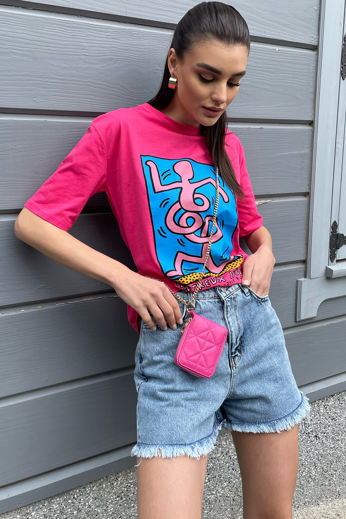 Bisiklet Yaka Ön Arka Baskılı Oversize T-Shirt - Fuşya