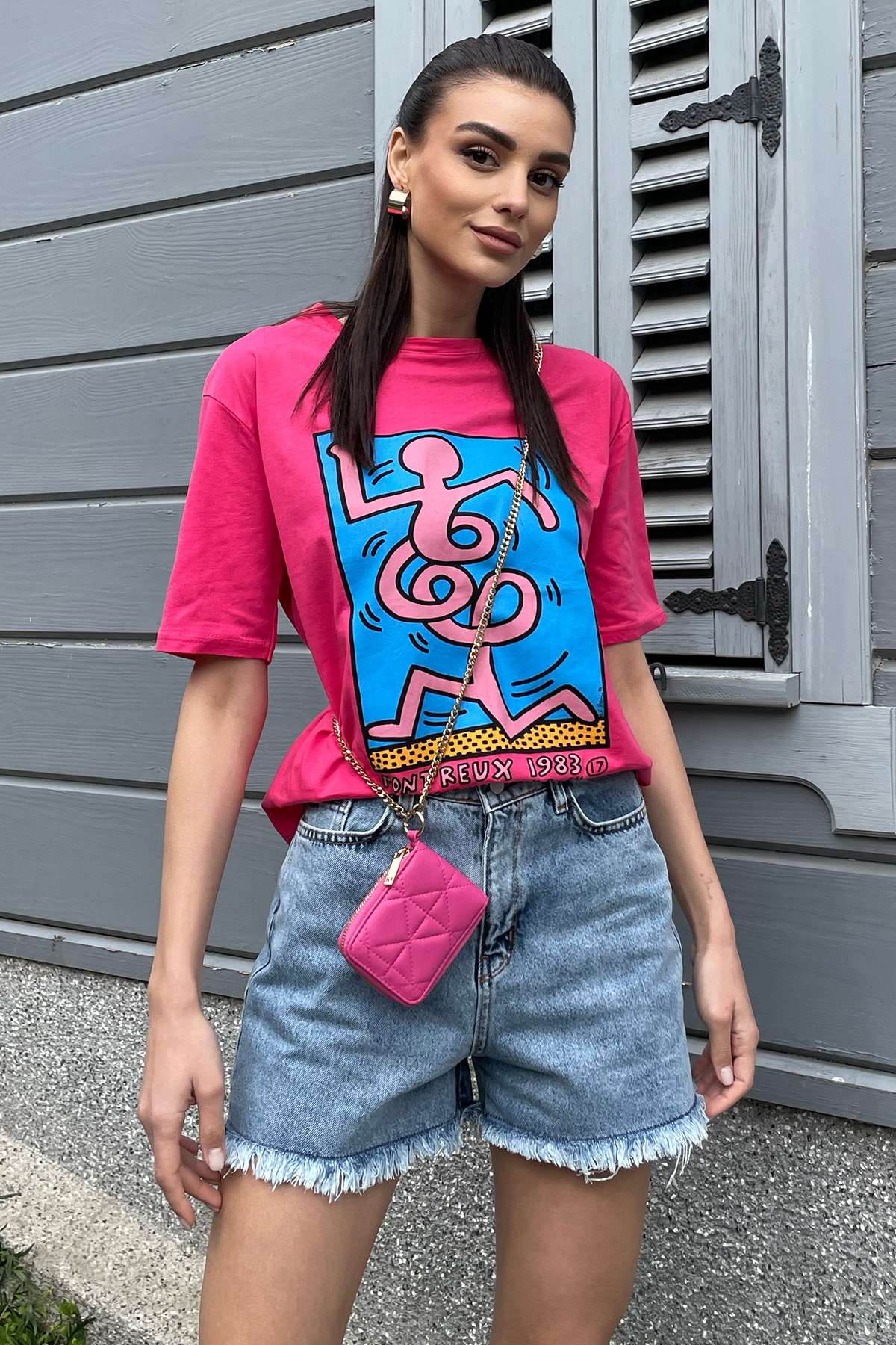 Bisiklet Yaka Ön Arka Baskılı Oversize T-Shirt - Fuşya
