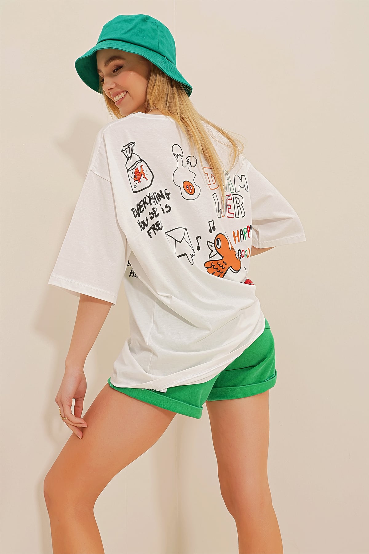 Bisiklet Yaka Ön Arka Baskılı Oversize %100 Pamuk T-Shirt - Ekru