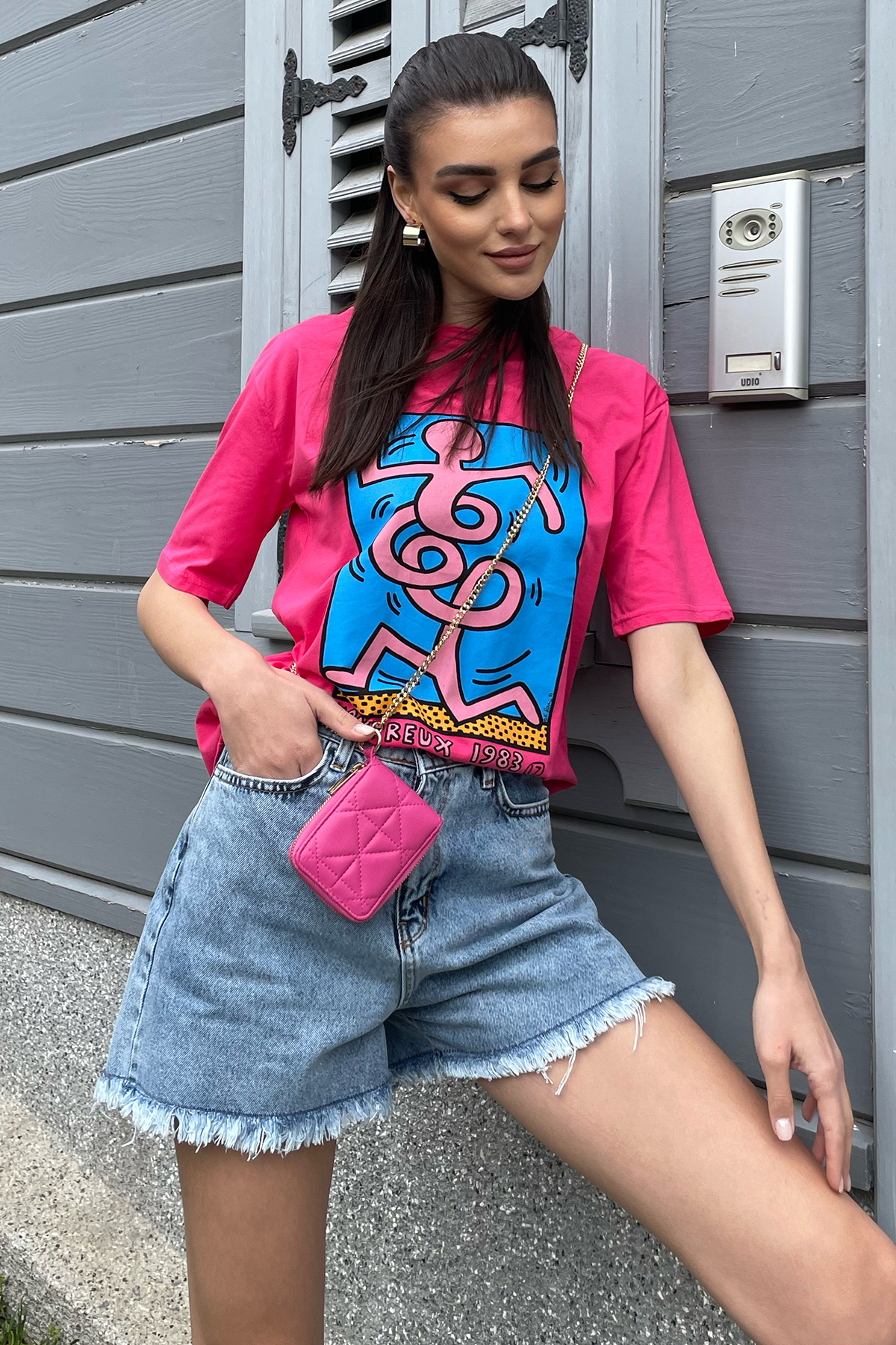Bisiklet Yaka Ön Arka Baskılı Oversize T-Shirt - Fuşya