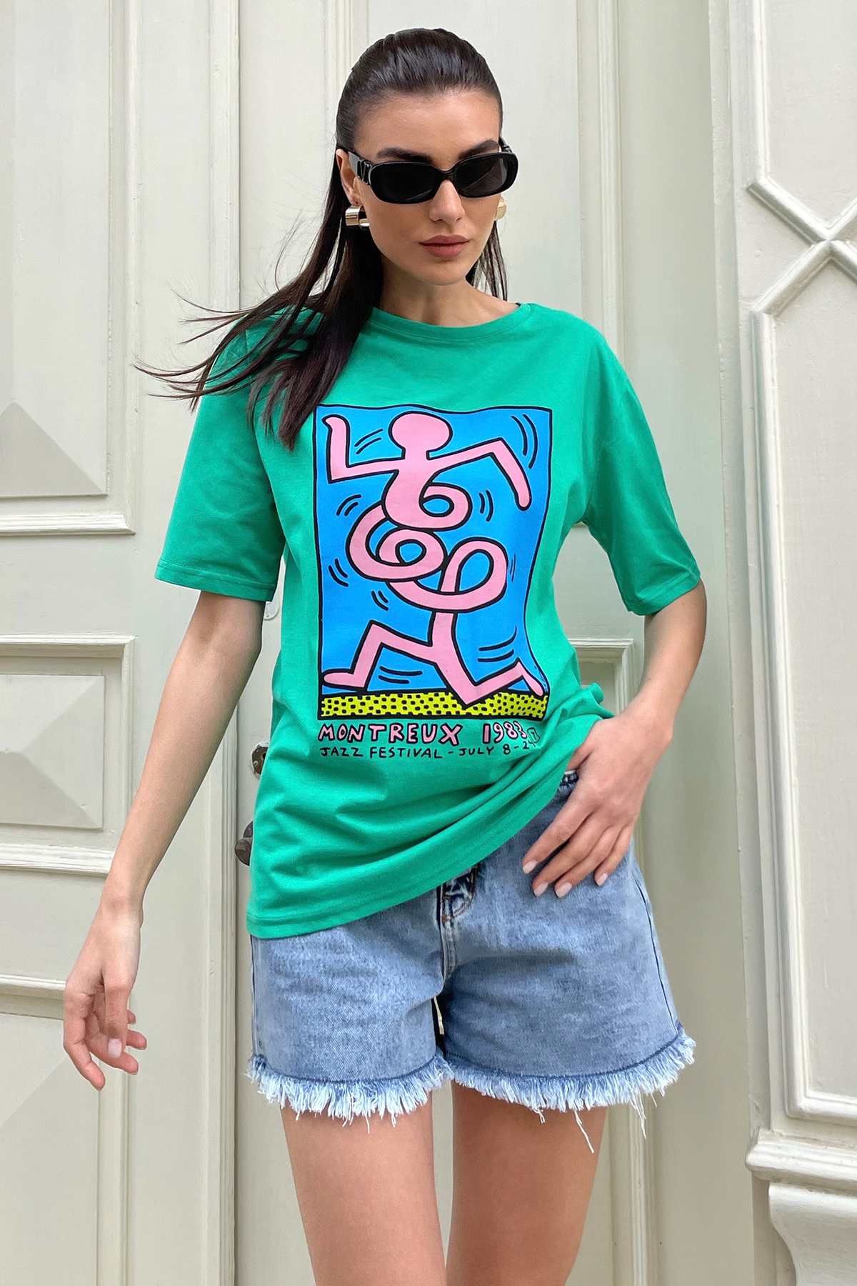 Bisiklet Yaka Ön Arka Baskılı Oversize T-Shirt - Yeşil