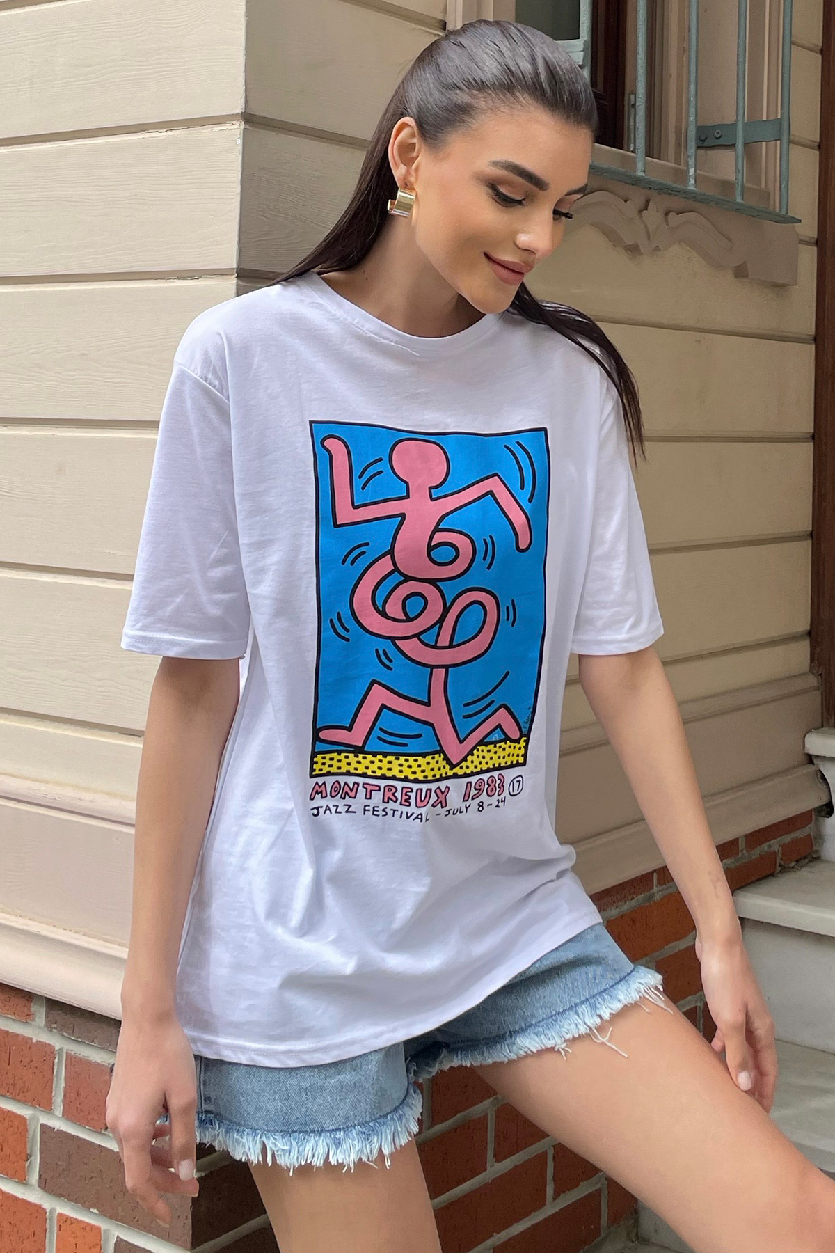Bisiklet Yaka Ön Arka Baskılı Oversize T-Shirt - Beyaz