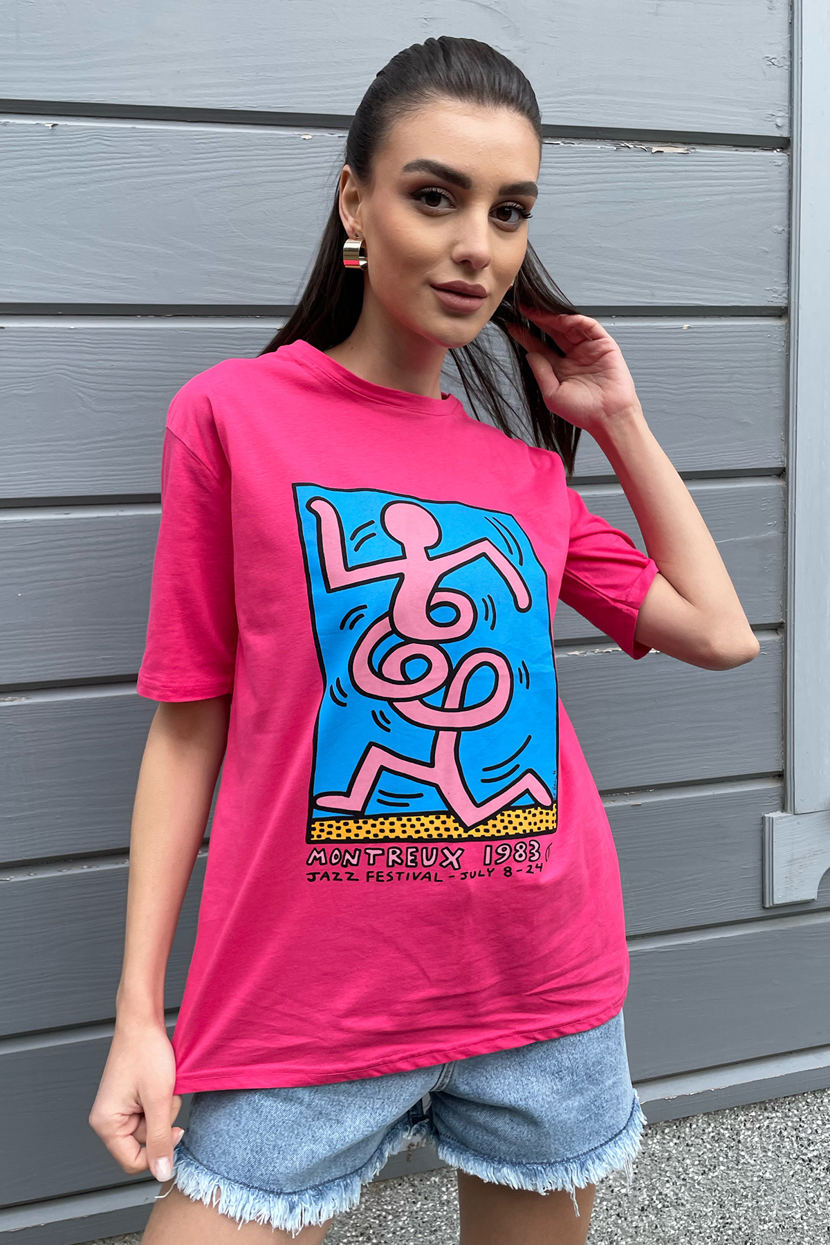 Bisiklet Yaka Ön Arka Baskılı Oversize T-Shirt - Fuşya