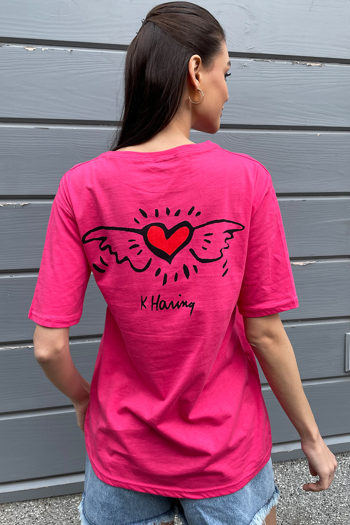 Bisiklet Yaka Ön Arka Baskılı Oversize T-Shirt - Fuşya