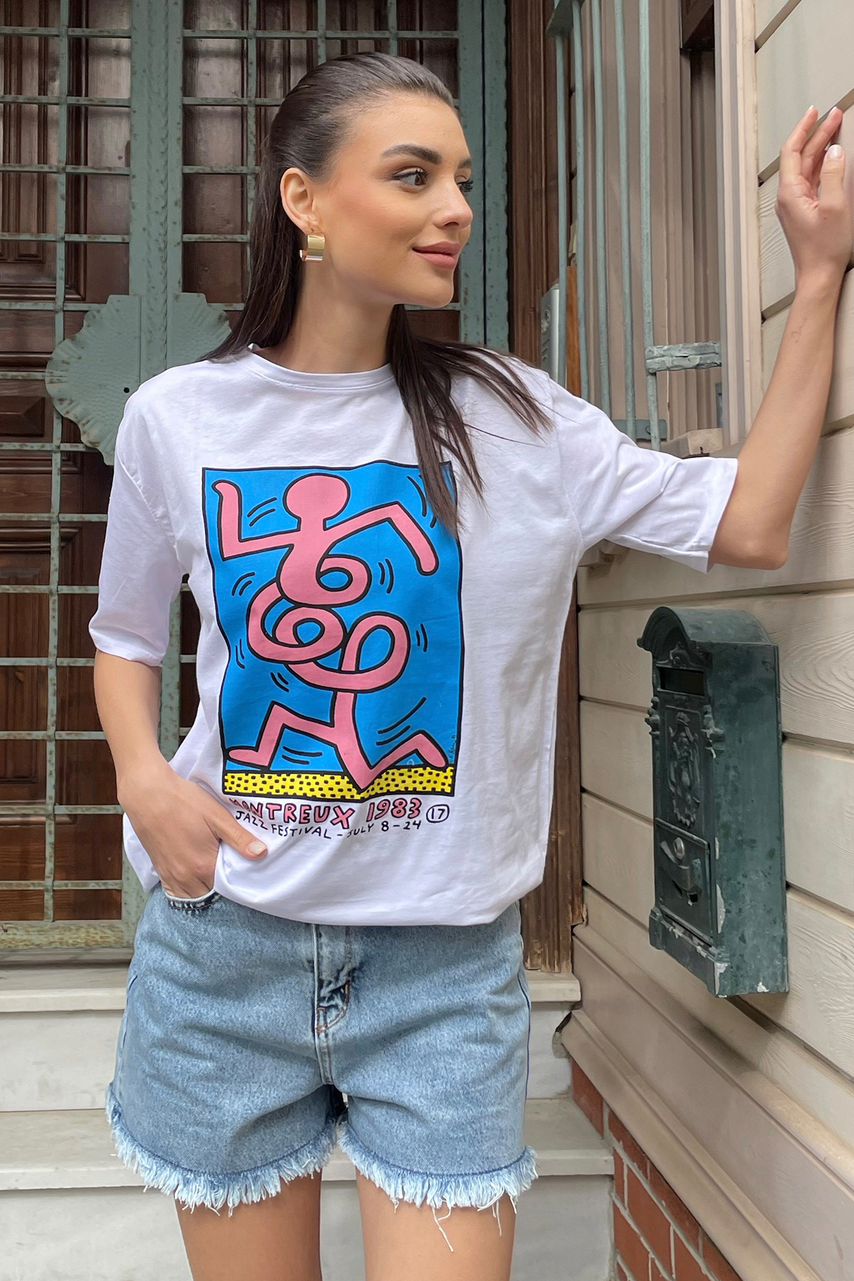 Bisiklet Yaka Ön Arka Baskılı Oversize T-Shirt - Beyaz