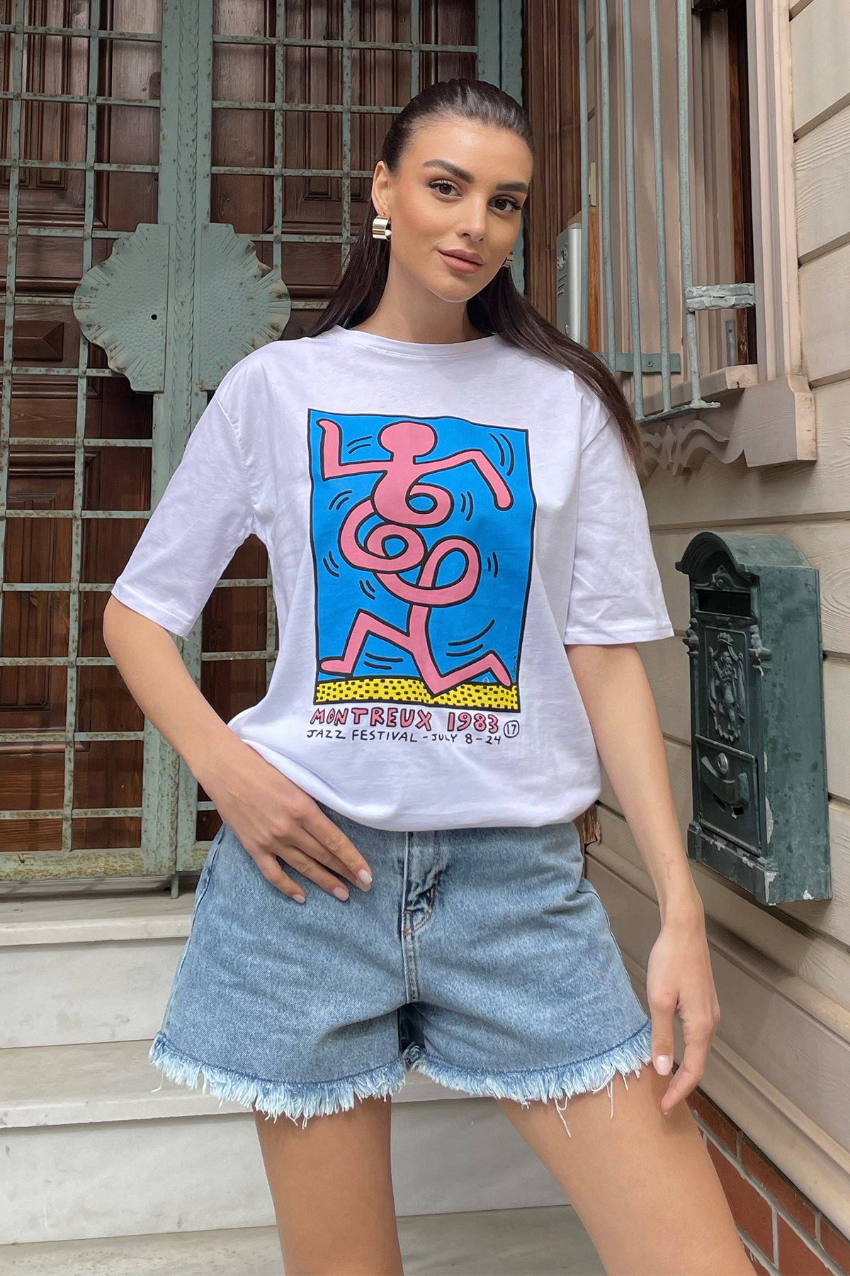 Bisiklet Yaka Ön Arka Baskılı Oversize T-Shirt - Beyaz