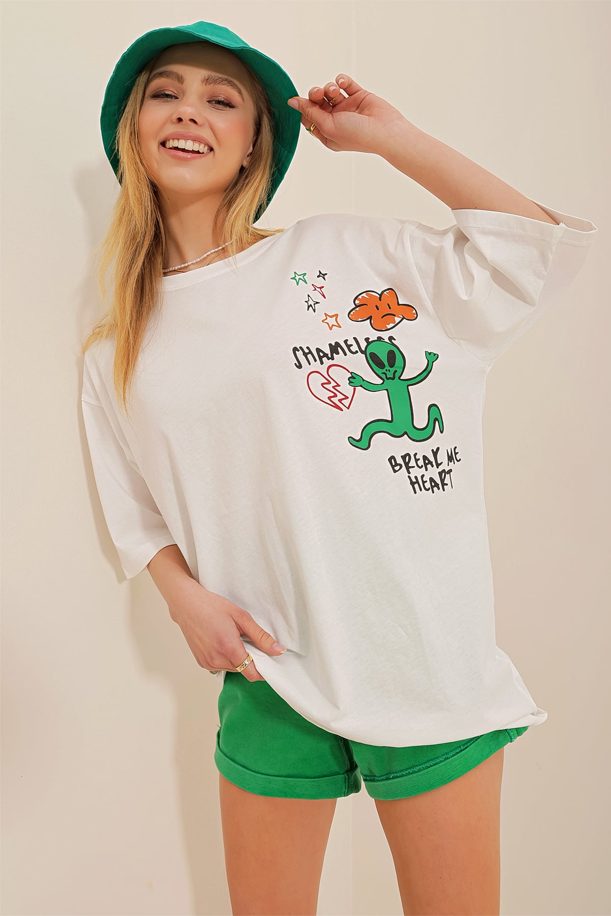 Bisiklet Yaka Ön Arka Baskılı Oversize %100 Pamuk T-Shirt - Ekru