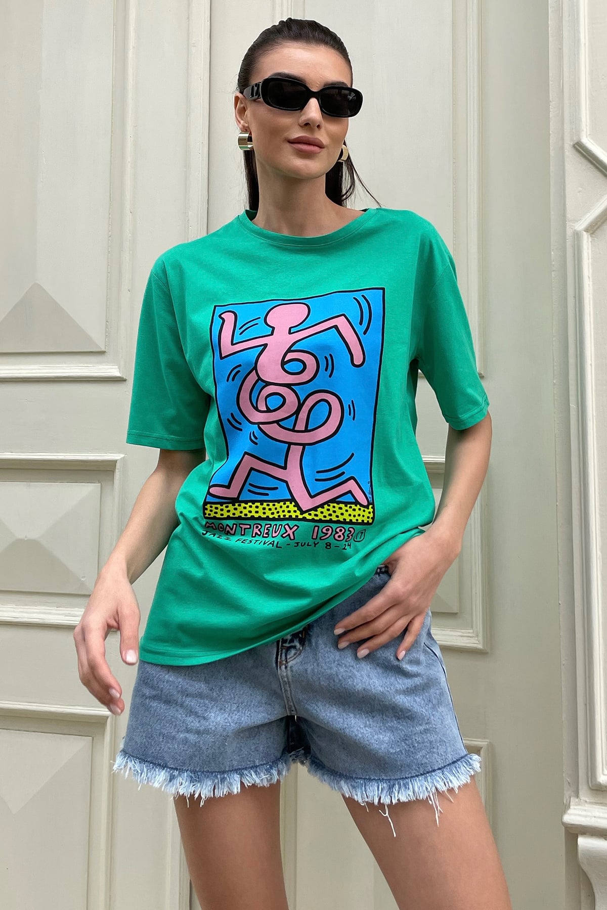 Bisiklet Yaka Ön Arka Baskılı Oversize T-Shirt - Yeşil