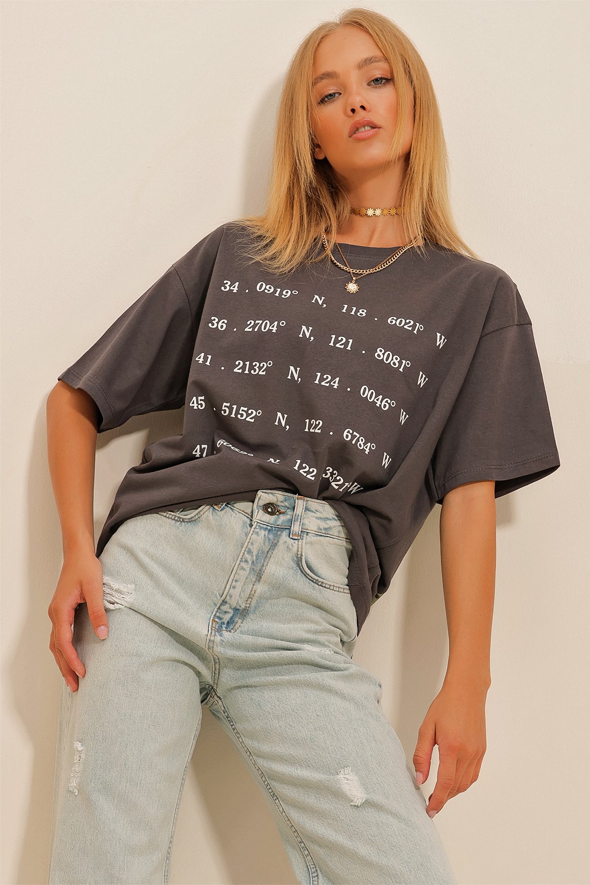 Bisiklet Yaka Ön Arka Baskılı Unisex T-Shirt - Antrasit