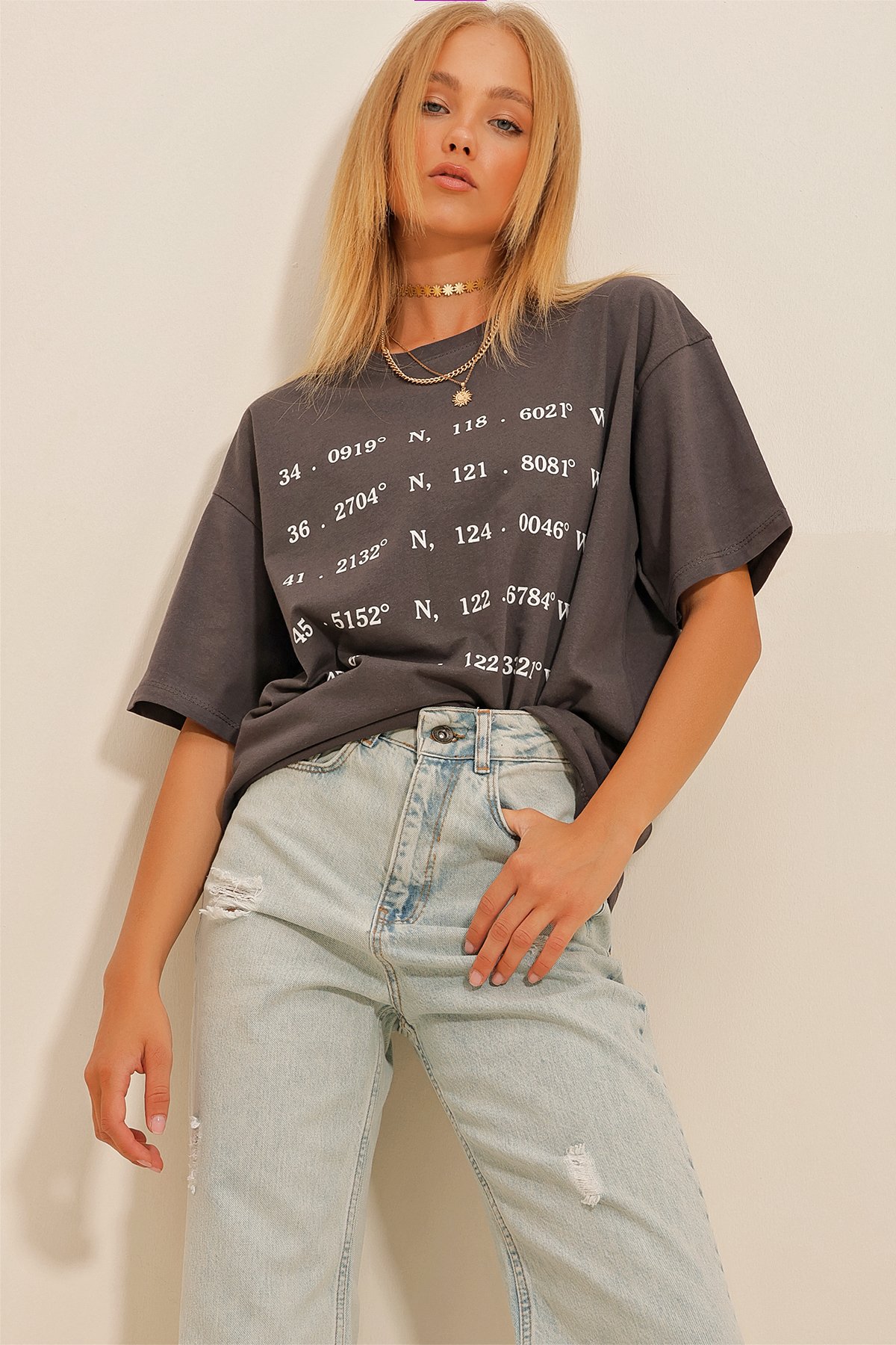 Bisiklet Yaka Ön Arka Baskılı Unisex T-Shirt - Antrasit