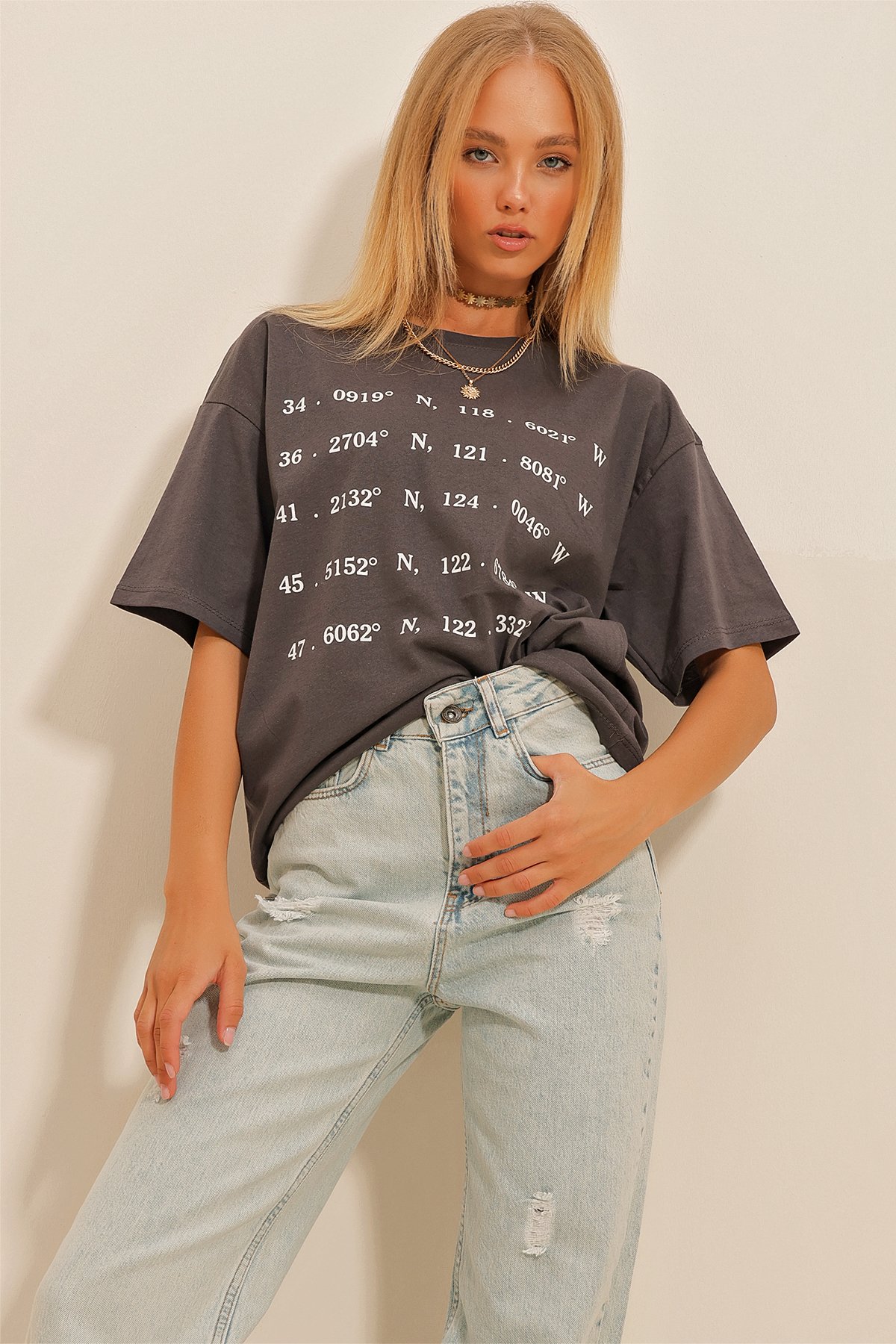Bisiklet Yaka Ön Arka Baskılı Unisex T-Shirt - Antrasit