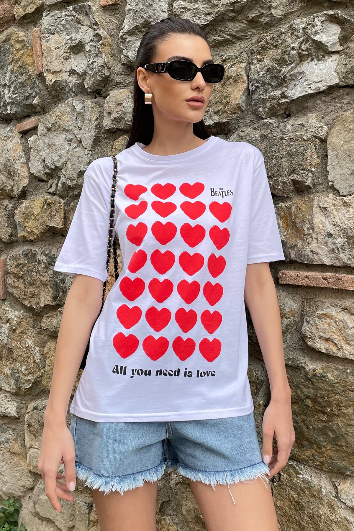 Bisiklet Yaka Ön Arka Kalp Baskılı Basic T-Shirt - Beyaz