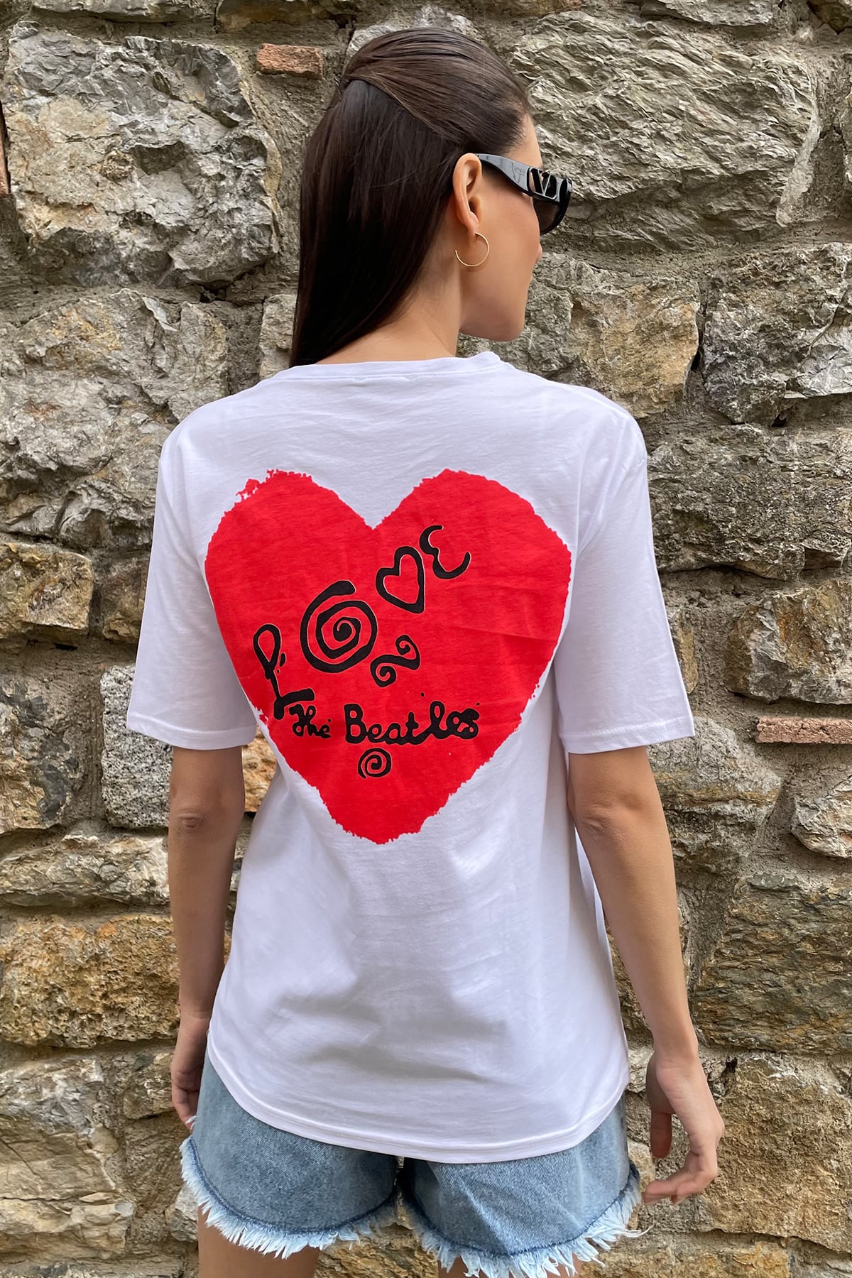 Bisiklet Yaka Ön Arka Kalp Baskılı Basic T-Shirt - Beyaz