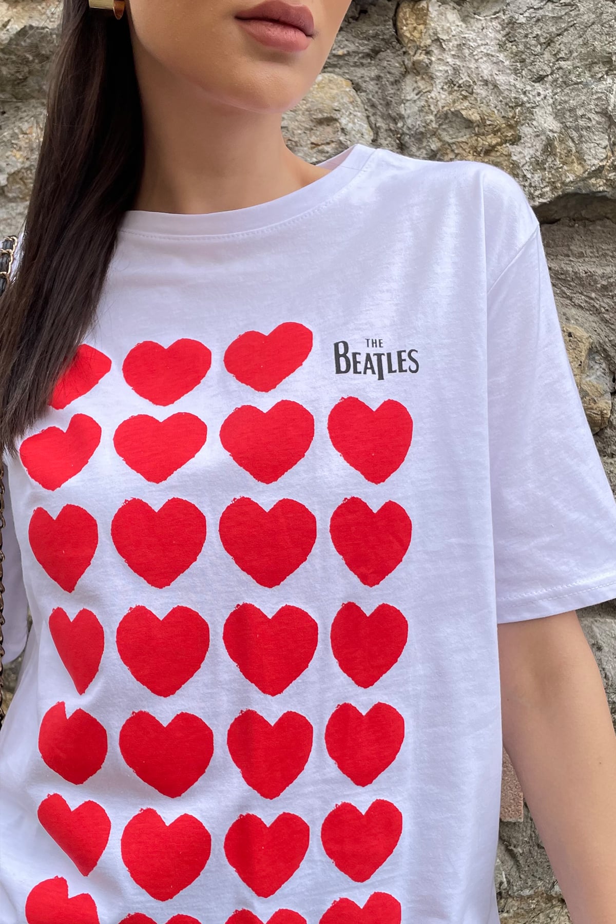 Bisiklet Yaka Ön Arka Kalp Baskılı Basic T-Shirt - Beyaz