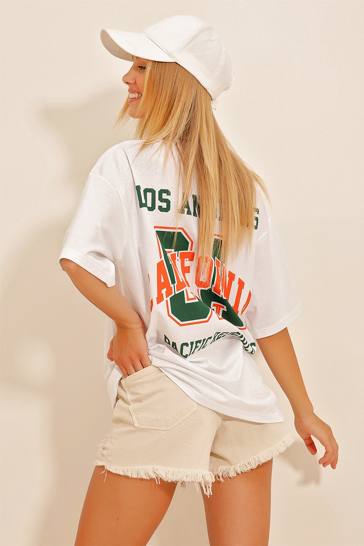 Bisiklet Yaka Ön Ve Arka Baskılı Oversize T-Shirt - Beyaz
