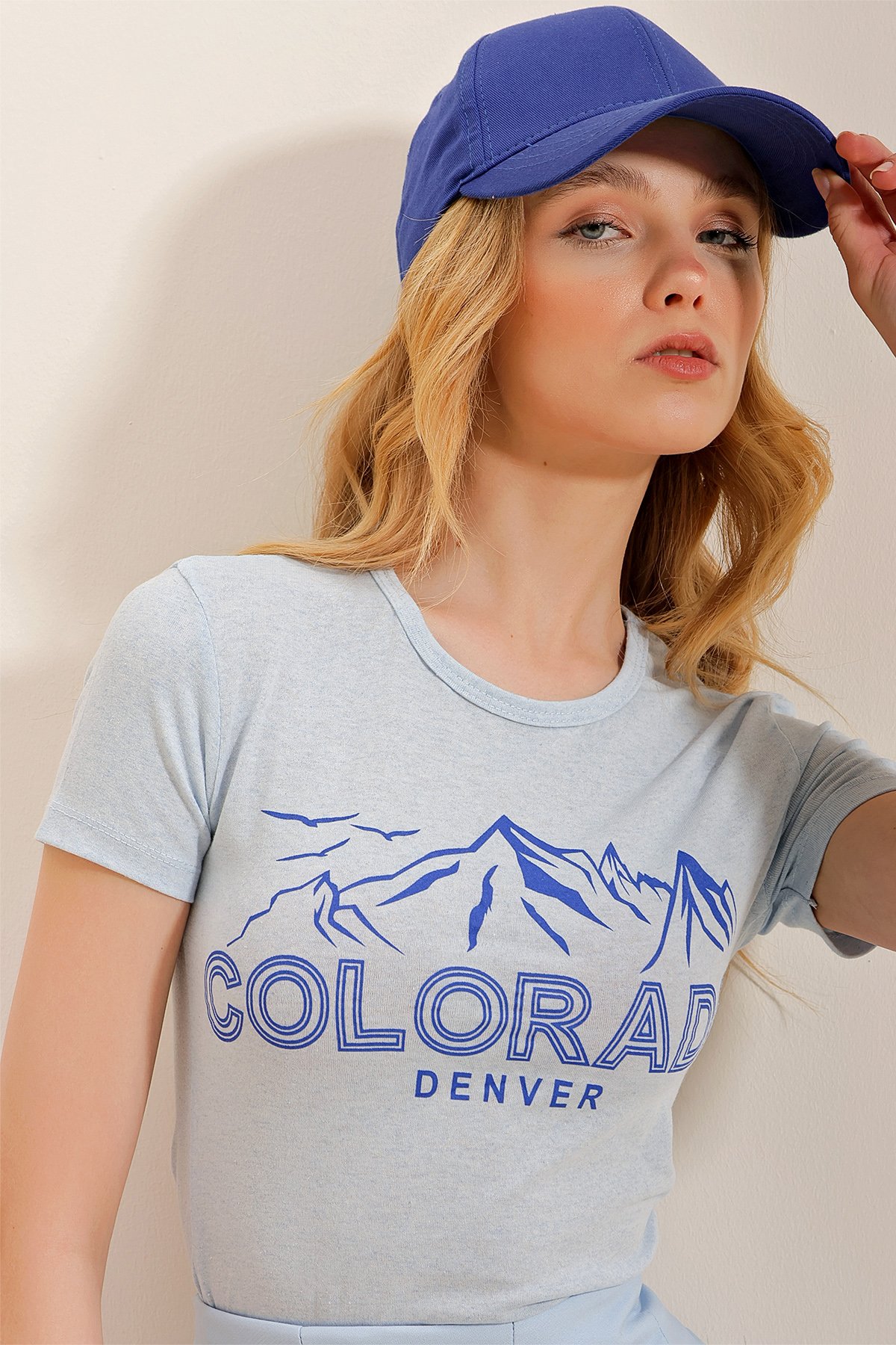 Bisiklet Yaka Önü Baskılı Fitted T-Shirt - Mavi
