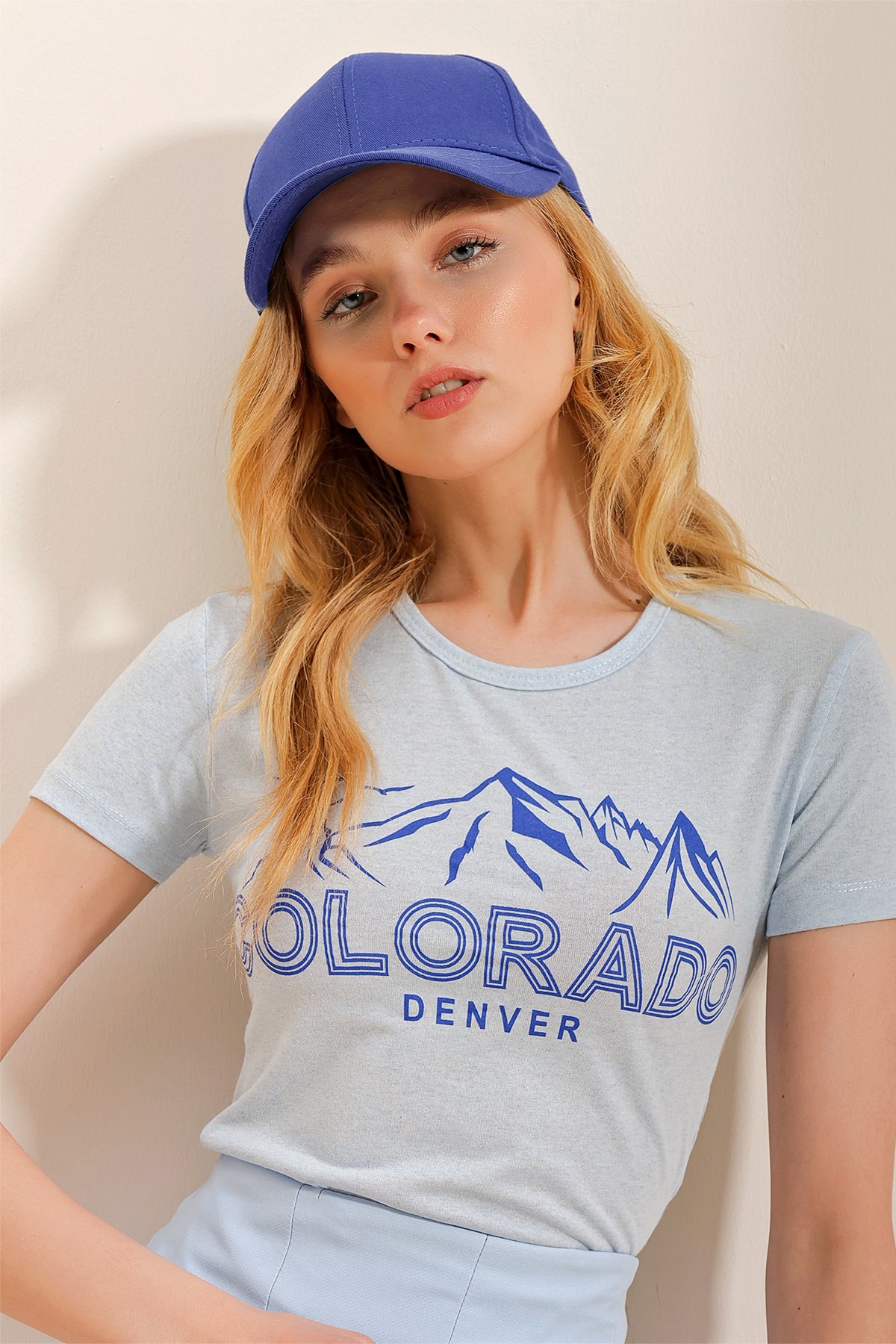 Bisiklet Yaka Önü Baskılı Fitted T-Shirt - Mavi