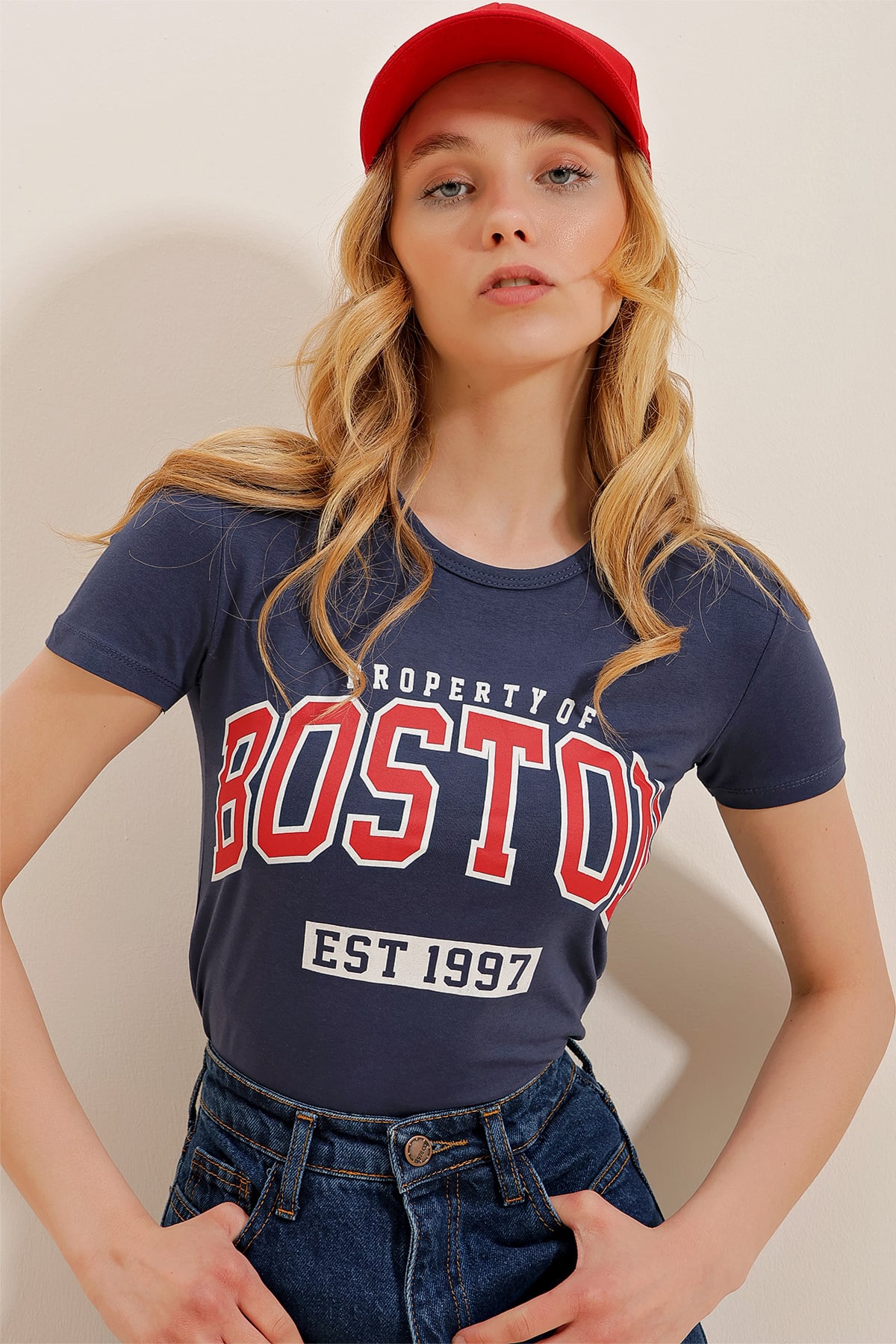 Bisiklet Yaka Önü Baskılı Fitted T-Shirt - Lacivert