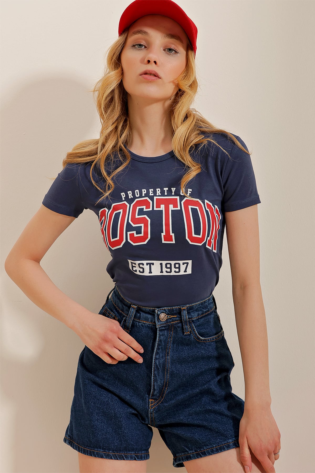 Bisiklet Yaka Önü Baskılı Fitted T-Shirt - Lacivert