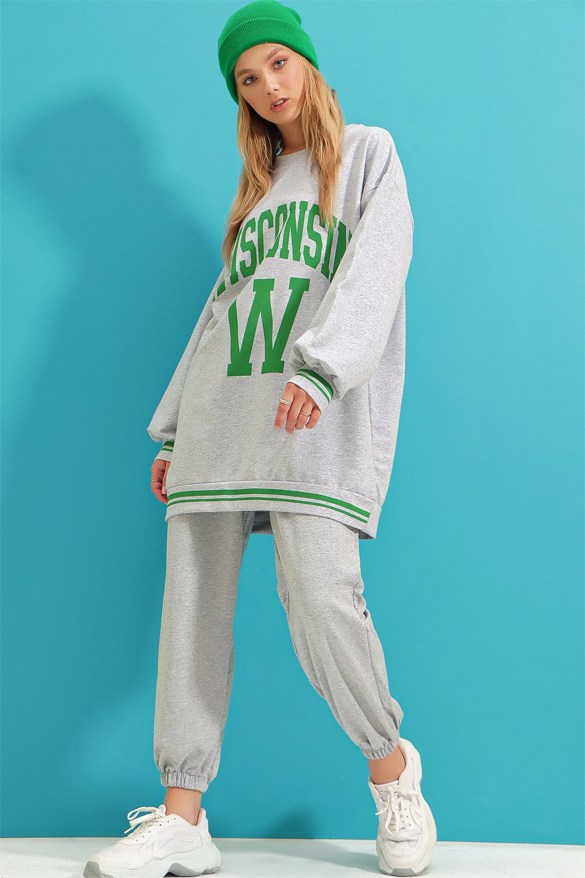 Bisiklet Yaka Önü Baskılı Oversize Sweatshirt - Gri