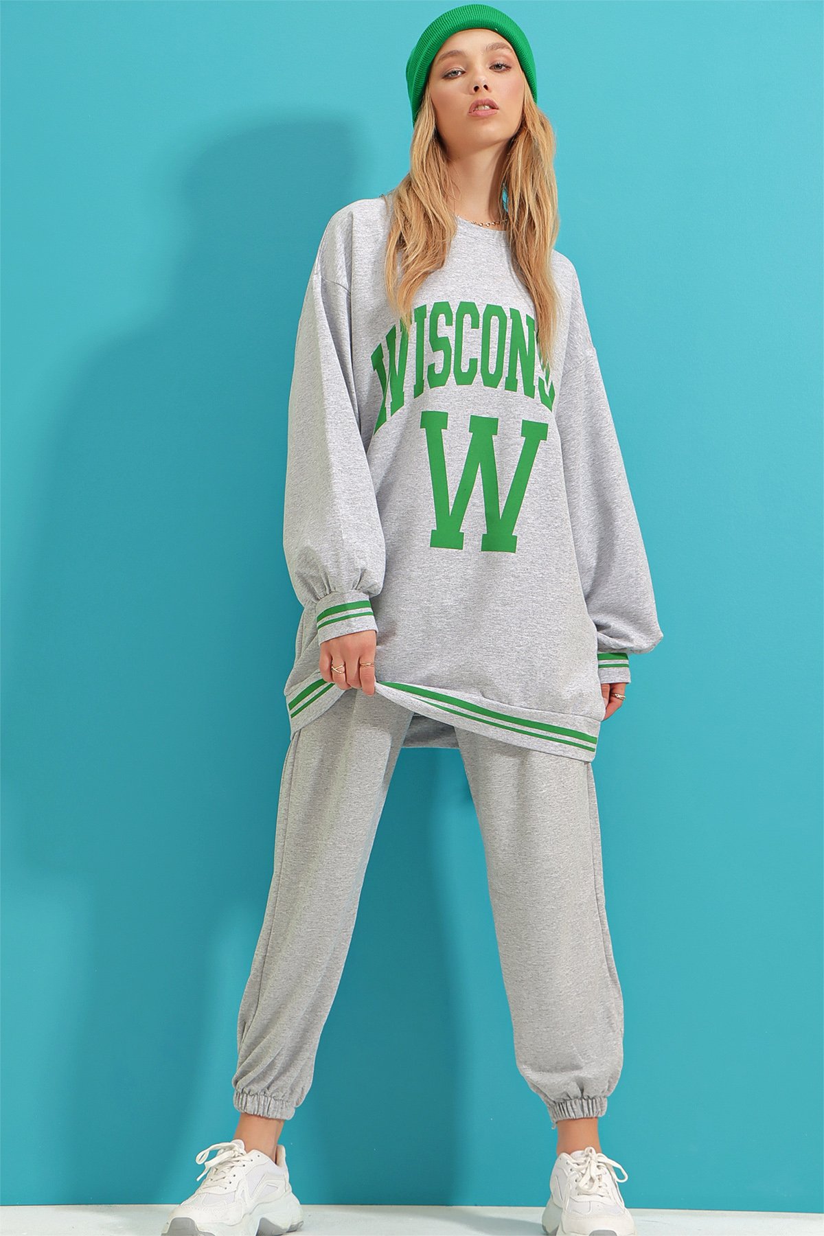 Bisiklet Yaka Önü Baskılı Oversize Sweatshirt - Gri