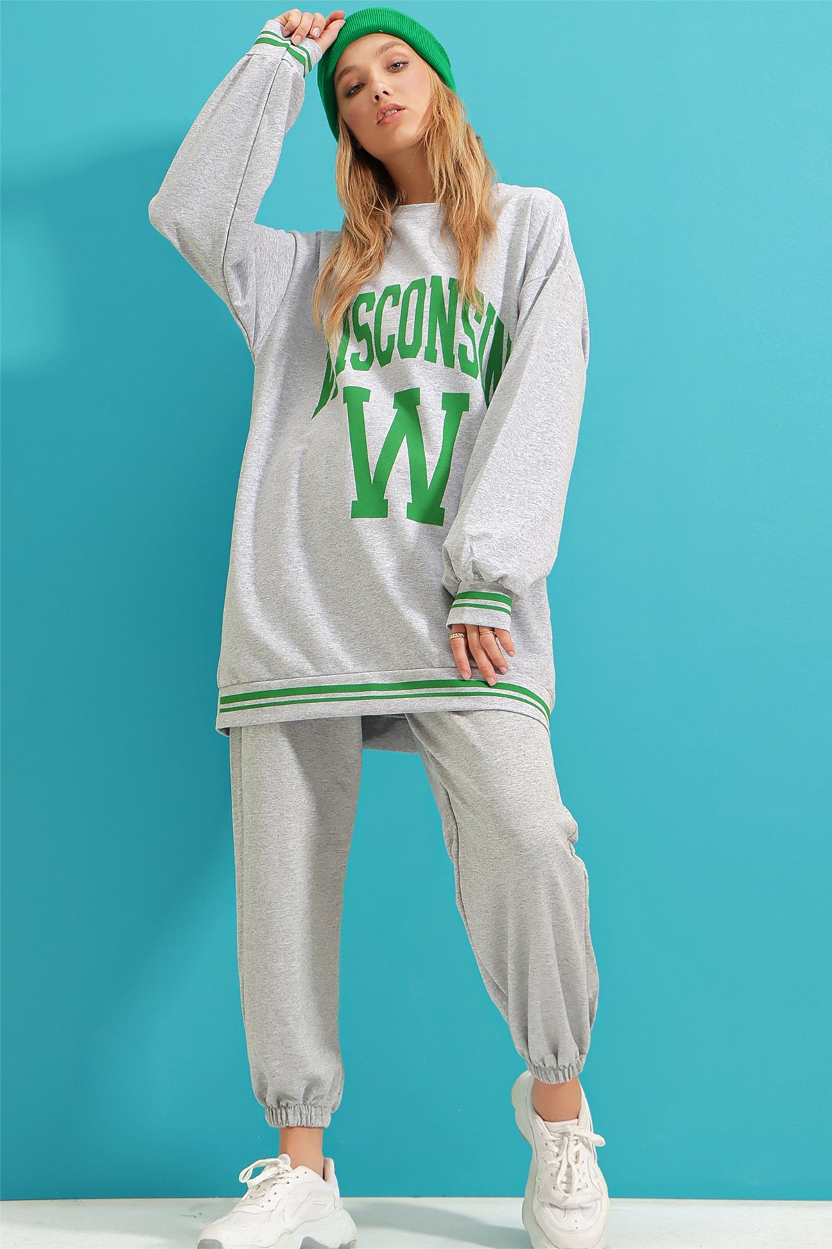 Bisiklet Yaka Önü Baskılı Oversize Sweatshirt - Gri