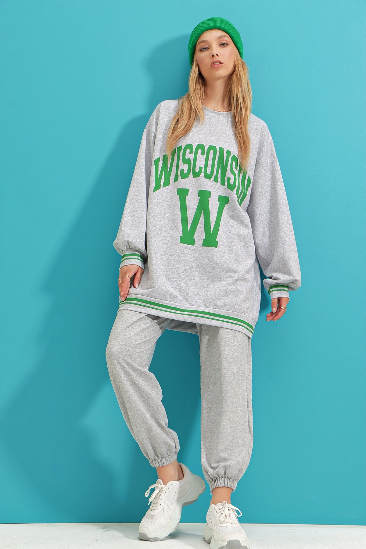 Bisiklet Yaka Önü Baskılı Oversize Sweatshirt - Gri