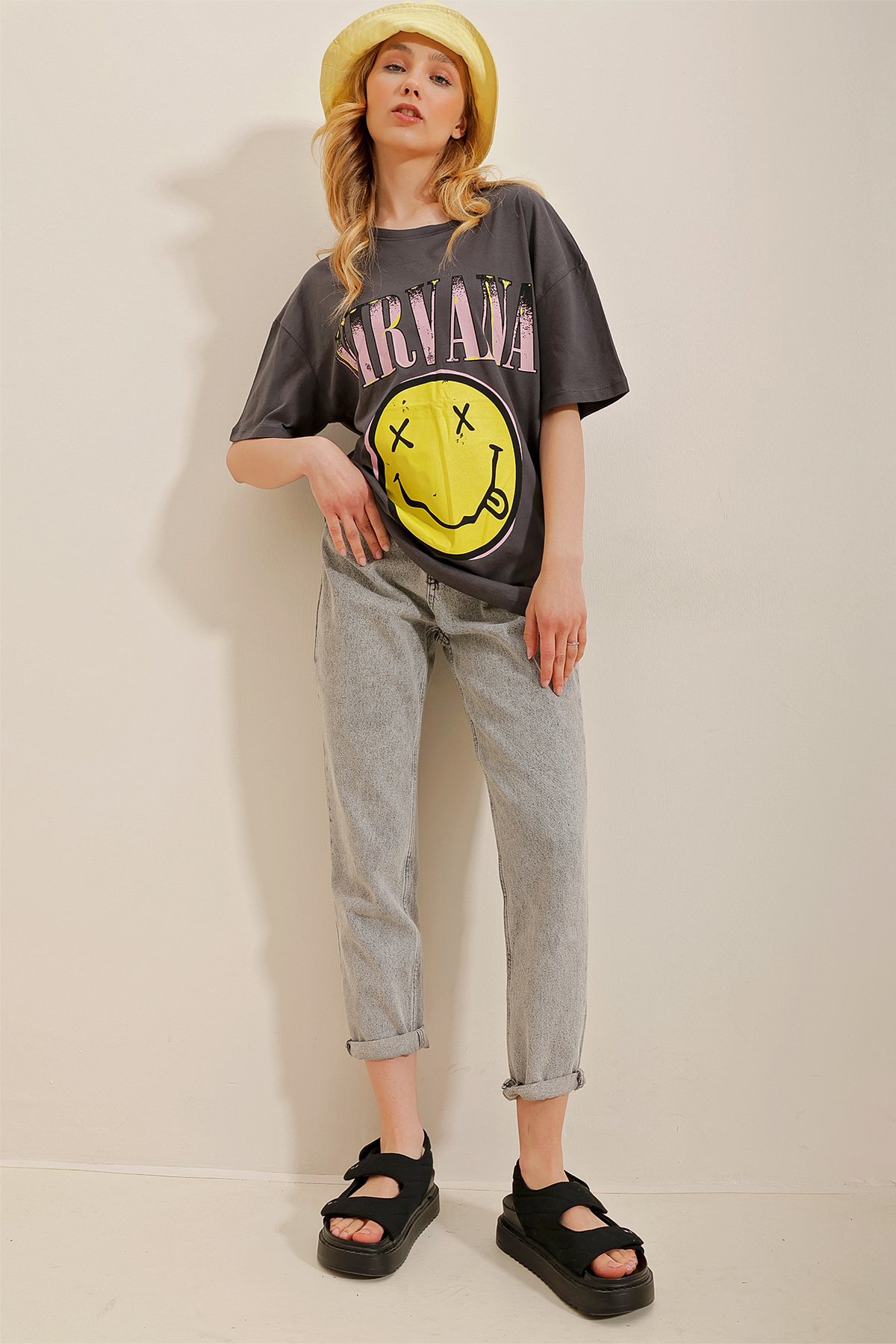 Bisiklet Yaka Önü Baskılı Oversize T-Shirt - Antrasit