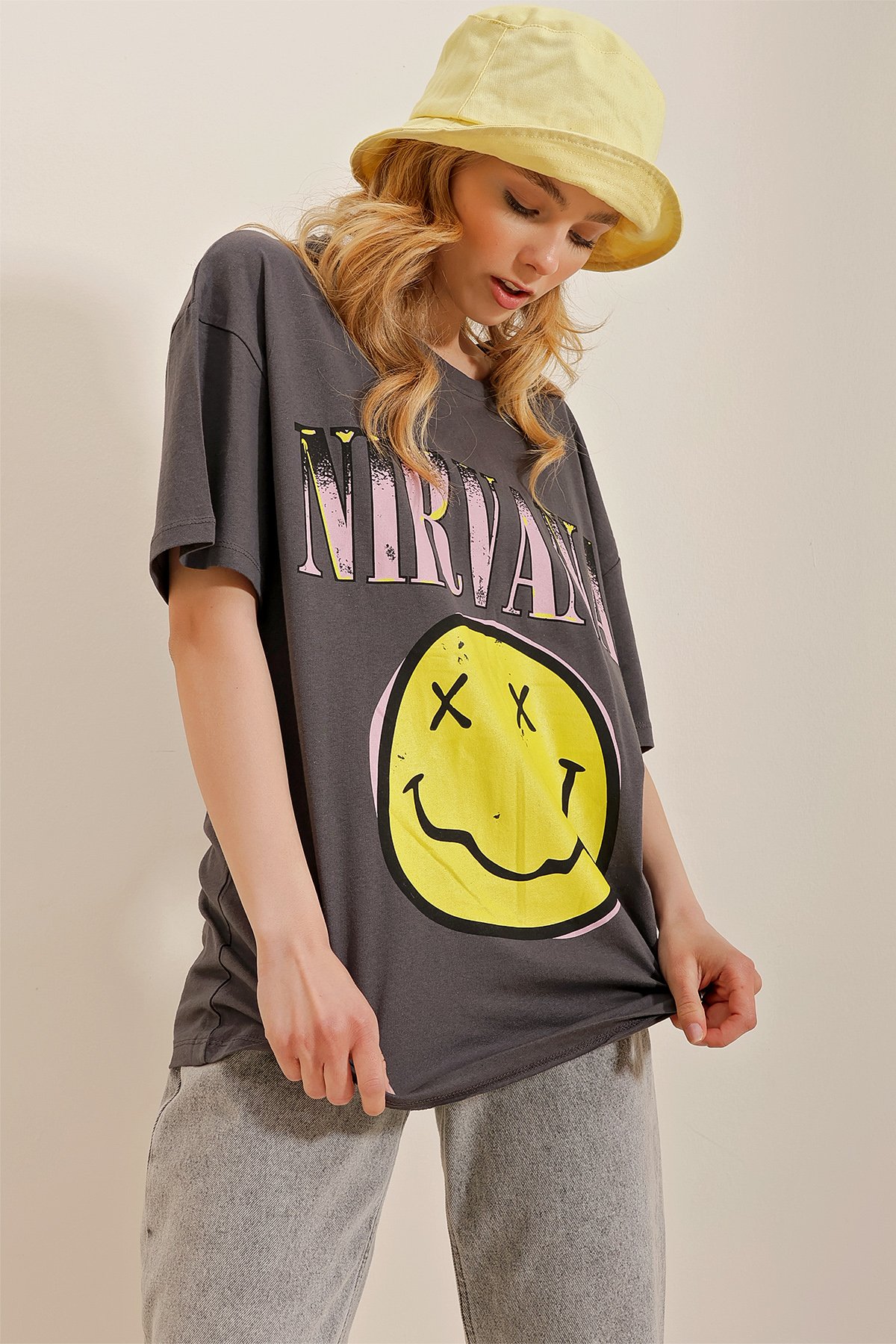 Bisiklet Yaka Önü Baskılı Oversize T-Shirt - Antrasit