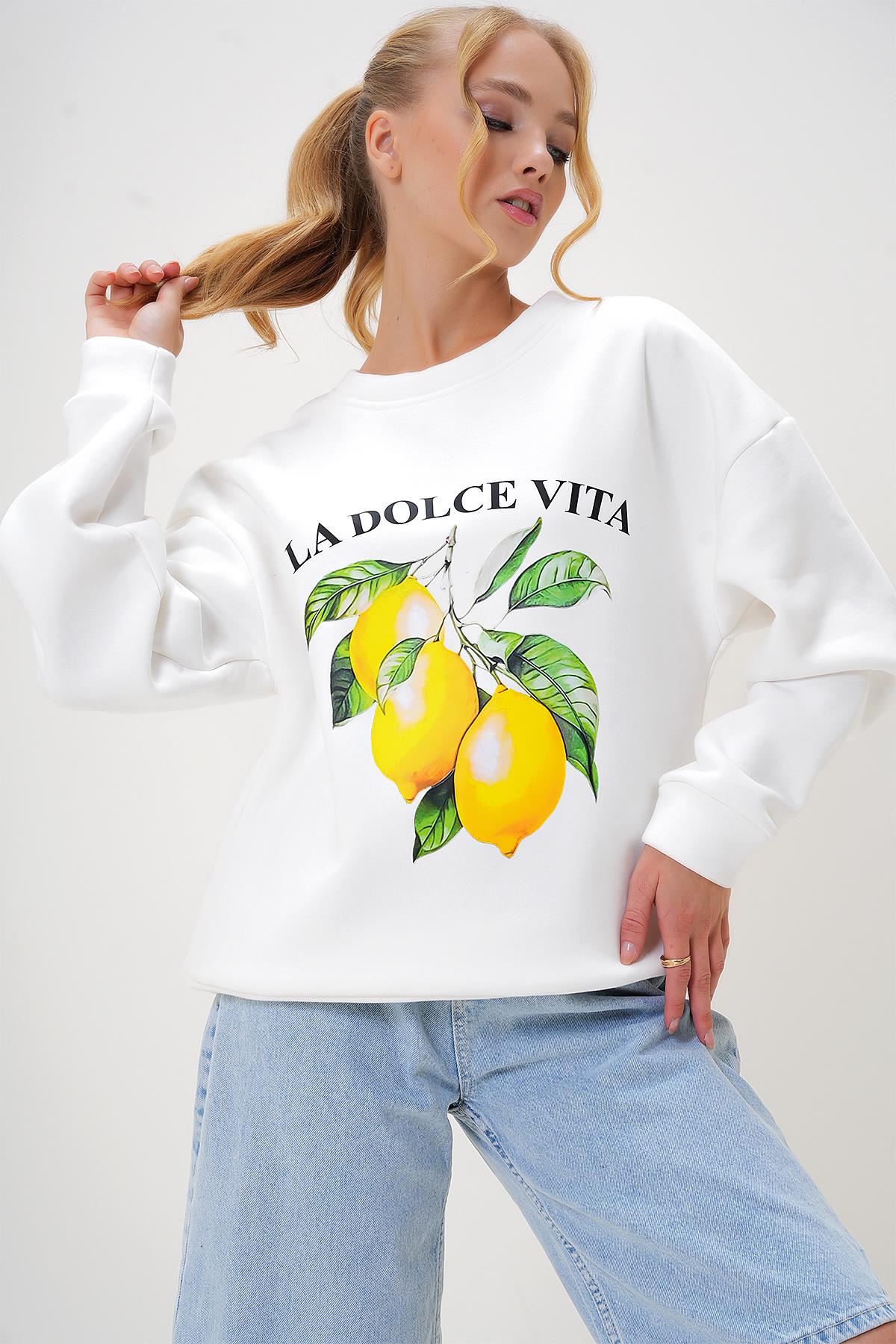 BİSİKLET YAKA ÖNÜ BASKILI ŞARDONLU SWEATSHIRT - Beyaz
