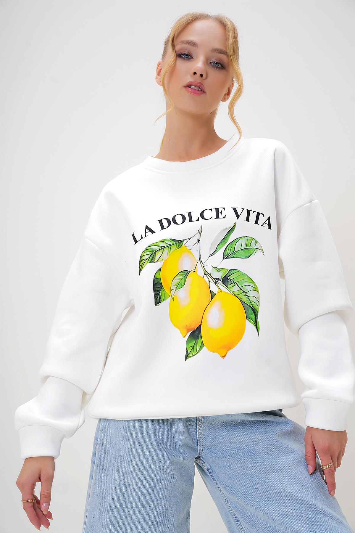 BİSİKLET YAKA ÖNÜ BASKILI ŞARDONLU SWEATSHIRT - Beyaz