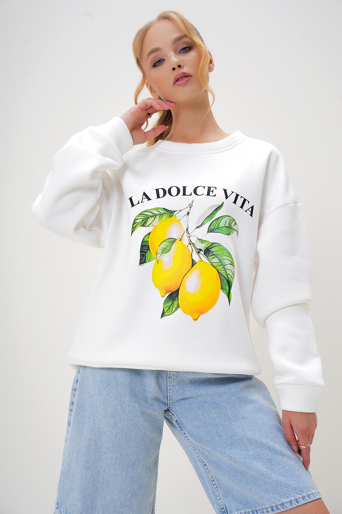 BİSİKLET YAKA ÖNÜ BASKILI ŞARDONLU SWEATSHIRT - Beyaz