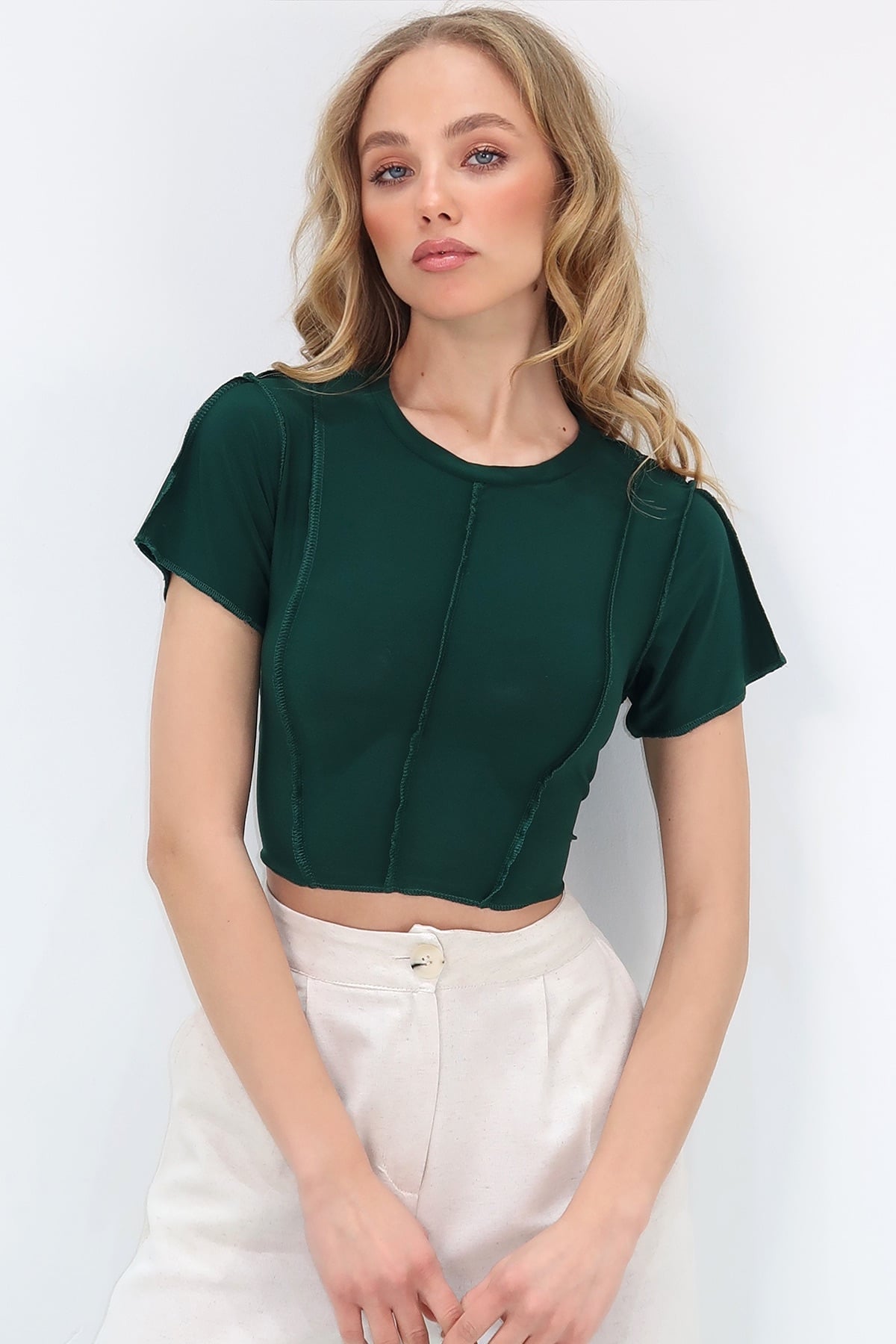 Bisiklet Yaka Önü Dikişli Crop Sandy Bluz - Yeşil