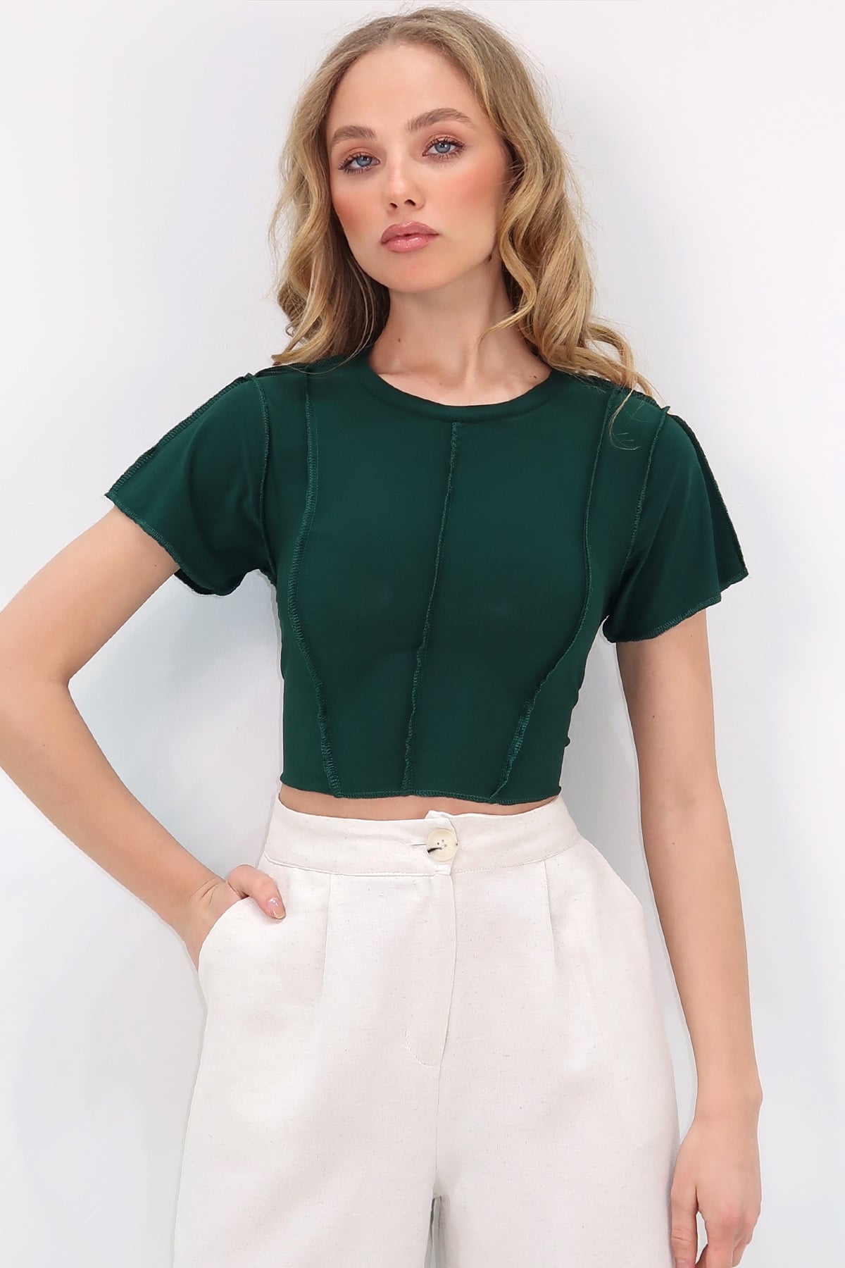 Bisiklet Yaka Önü Dikişli Crop Sandy Bluz - Yeşil