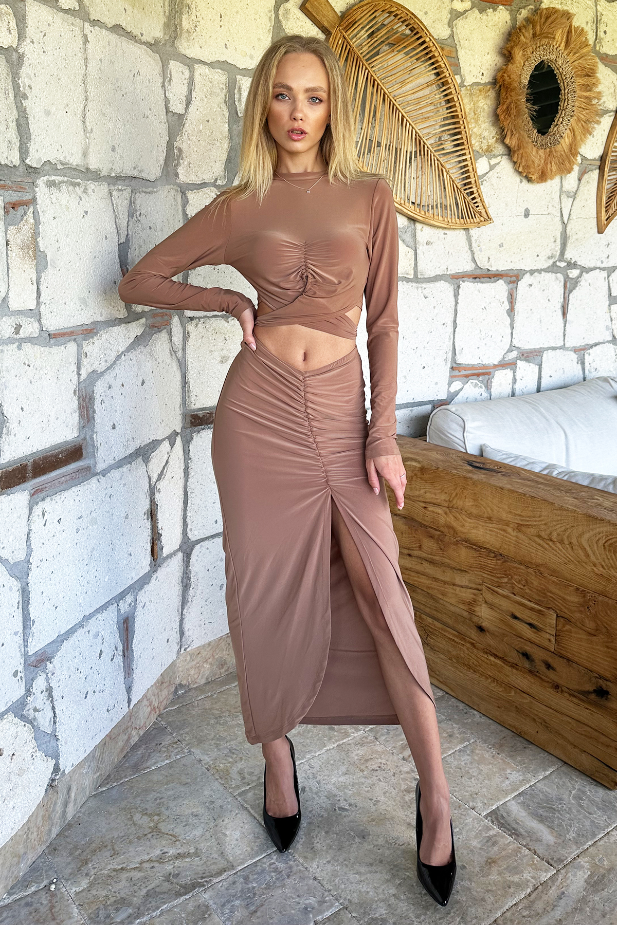 Bisiklet Yaka Önü Drapeli Bel Bağlamalı Crop Bluz Ve Midi Boy Etekli Takım - Karamel