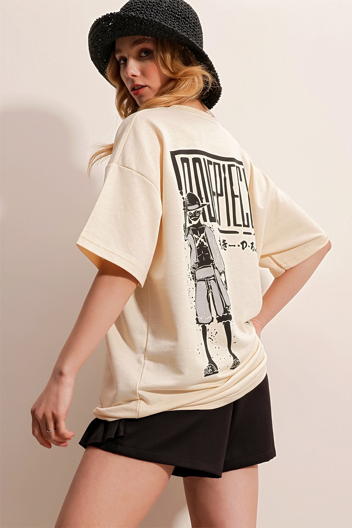 Bisiklet Yaka Önü Ve Arkası Baskılı İki İplik Oversize T-Shirt - TAŞ