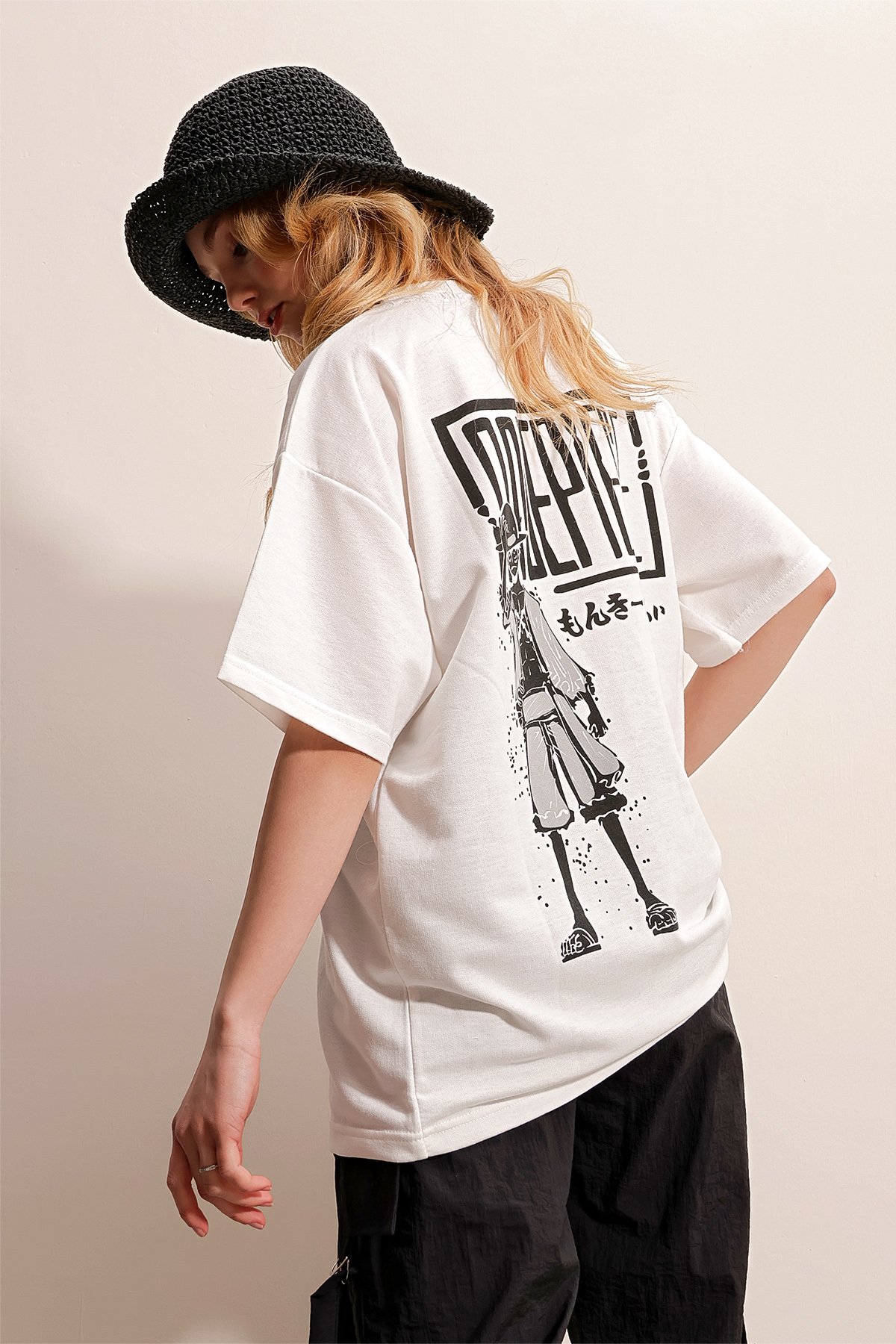 Bisiklet Yaka Önü Ve Arkası Baskılı İki İplik Oversize T-Shirt - BEYAZ
