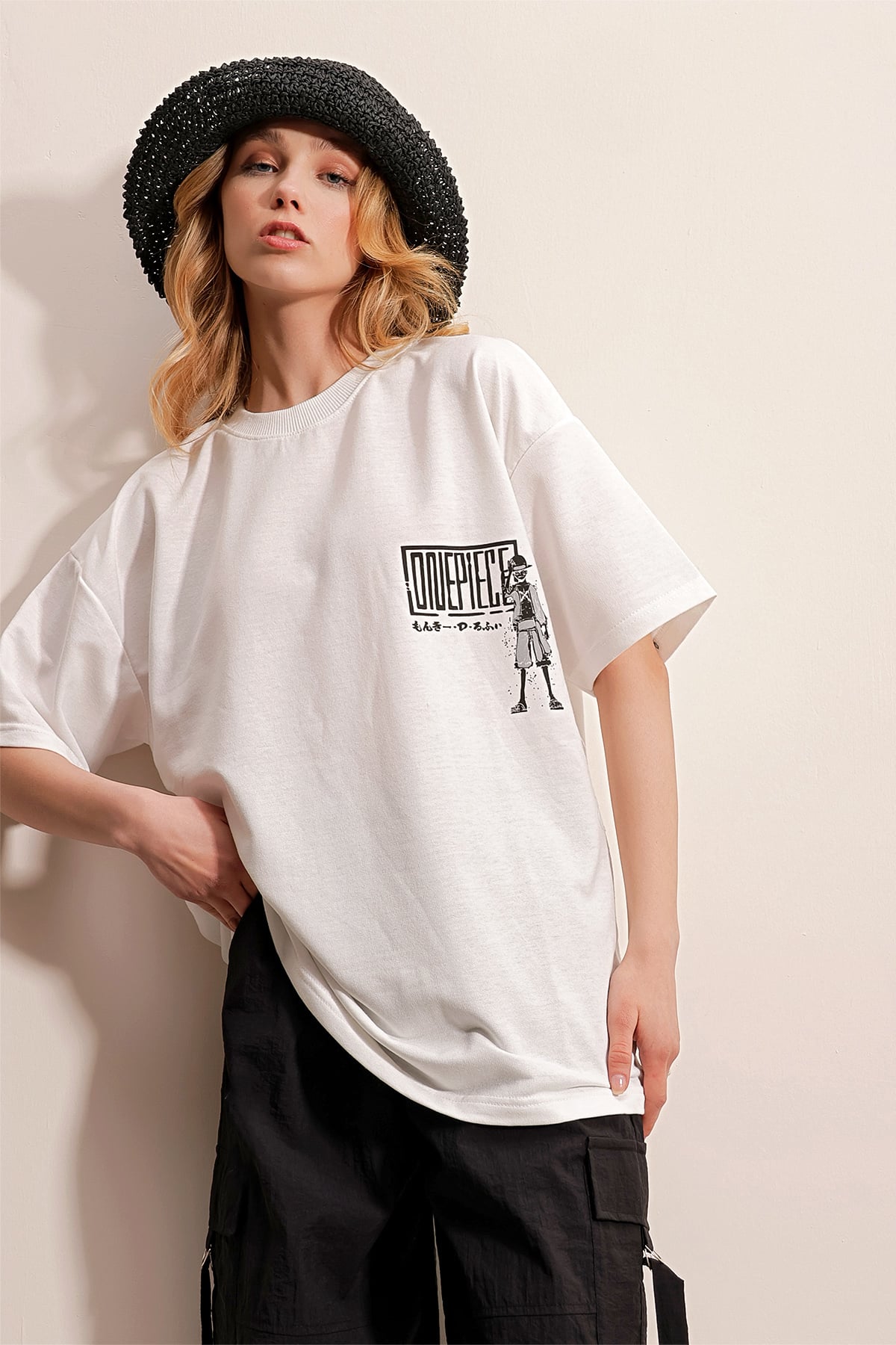 Bisiklet Yaka Önü Ve Arkası Baskılı İki İplik Oversize T-Shirt - BEYAZ