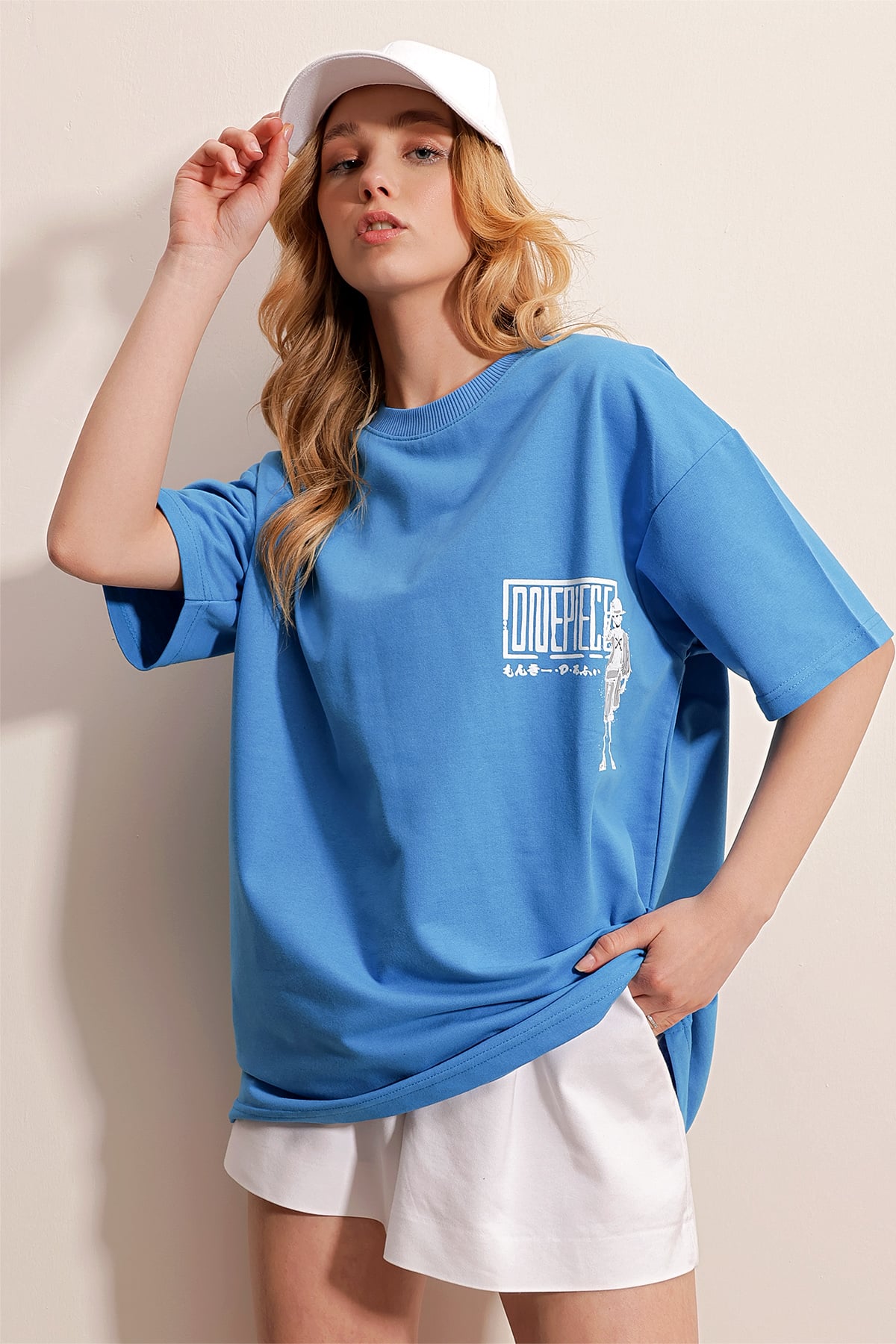 Bisiklet Yaka Önü Ve Arkası Baskılı İki İplik Oversize T-Shirt - MAVİ