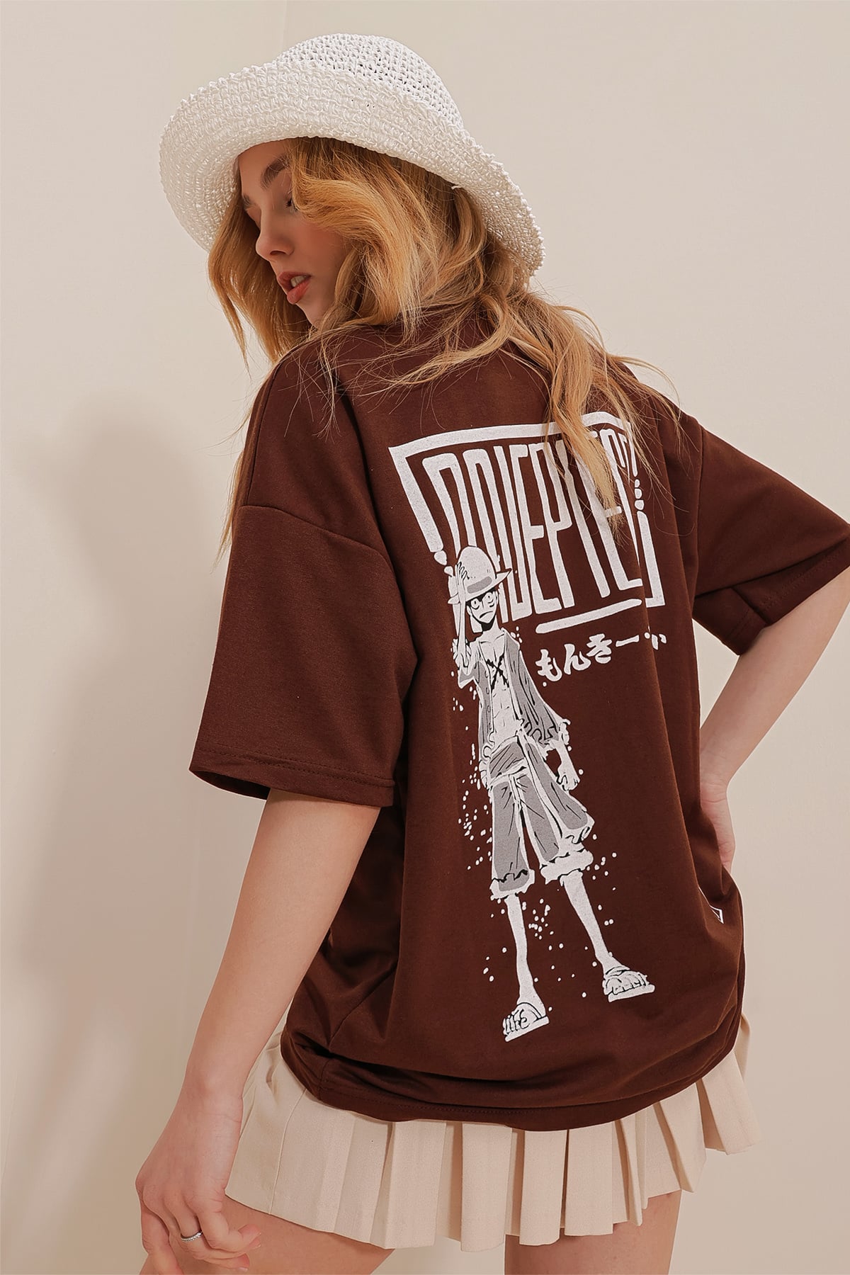 Bisiklet Yaka Önü Ve Arkası Baskılı İki İplik Oversize T-Shirt - Kahve