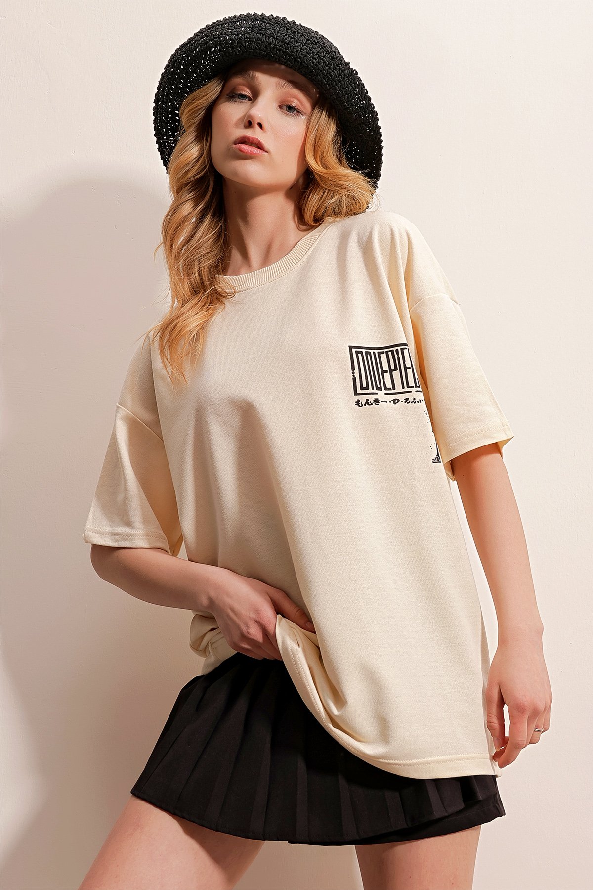 Bisiklet Yaka Önü Ve Arkası Baskılı İki İplik Oversize T-Shirt - TAŞ
