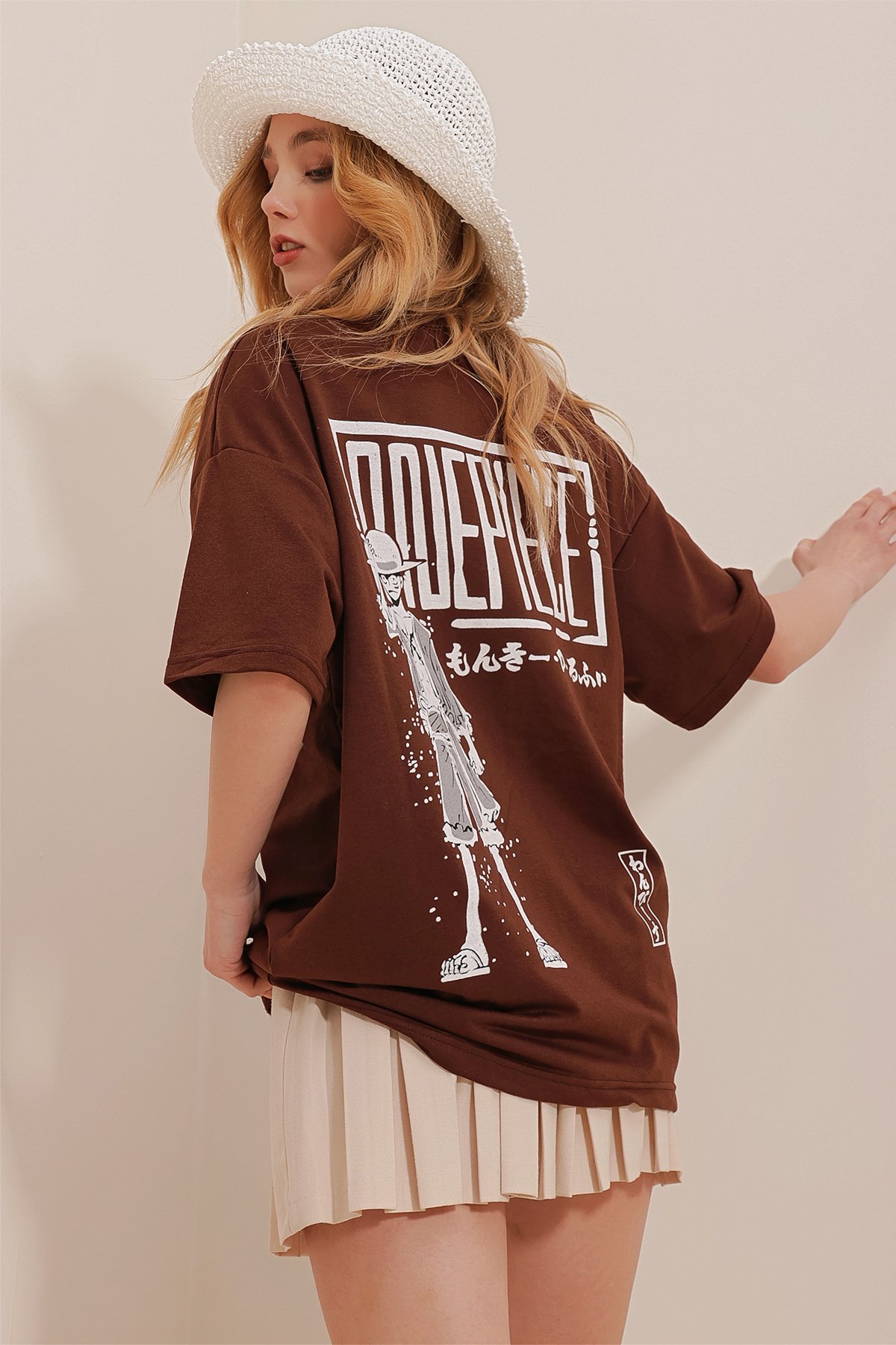 Bisiklet Yaka Önü Ve Arkası Baskılı İki İplik Oversize T-Shirt - Kahve