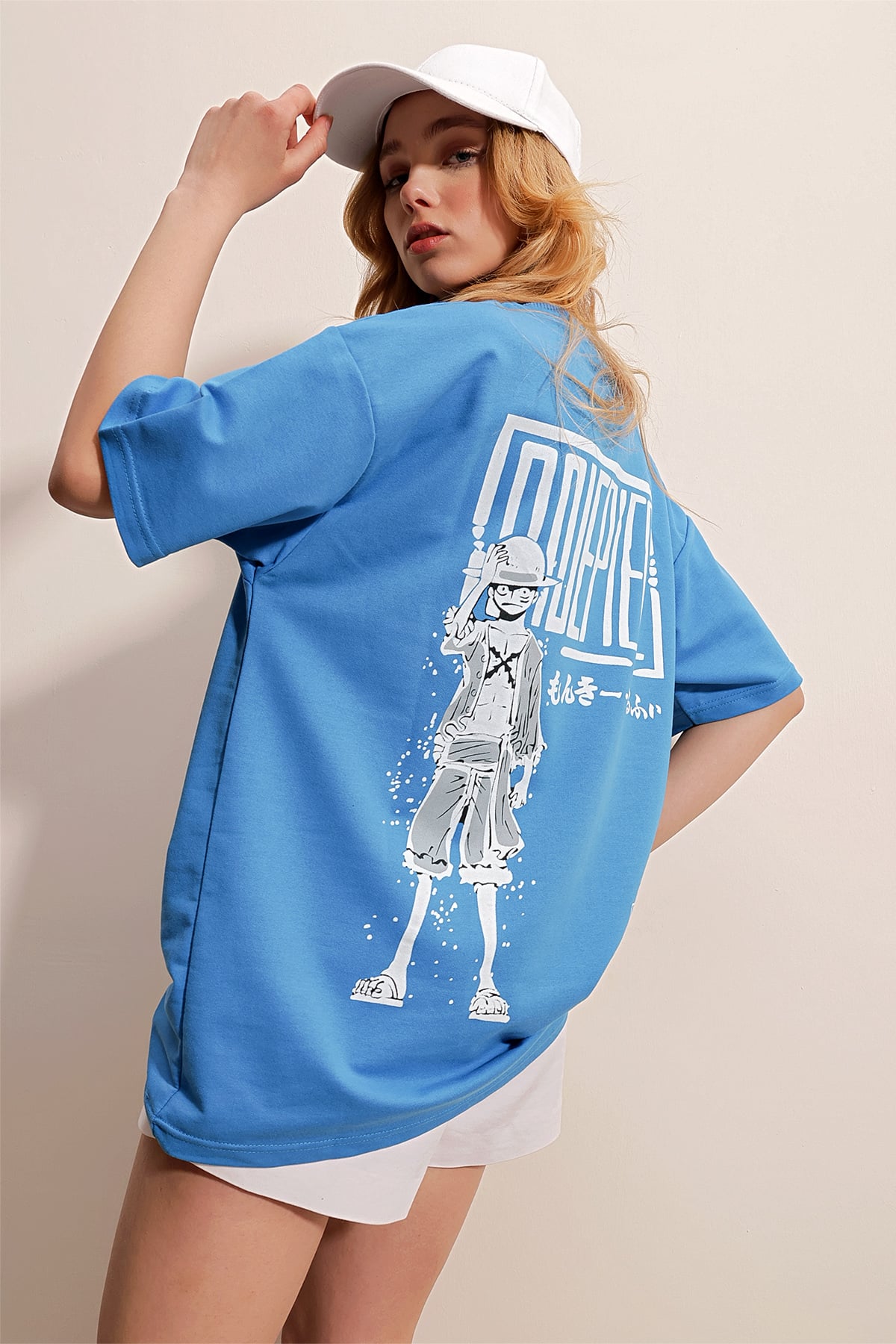 Bisiklet Yaka Önü Ve Arkası Baskılı İki İplik Oversize T-Shirt - MAVİ