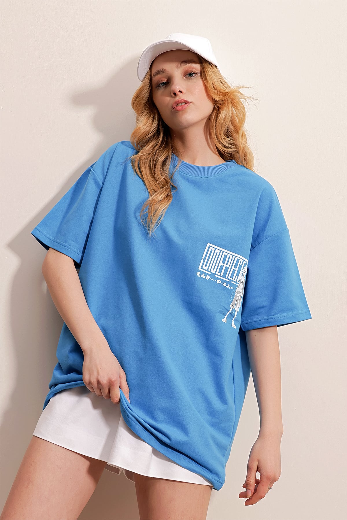 Bisiklet Yaka Önü Ve Arkası Baskılı İki İplik Oversize T-Shirt - MAVİ