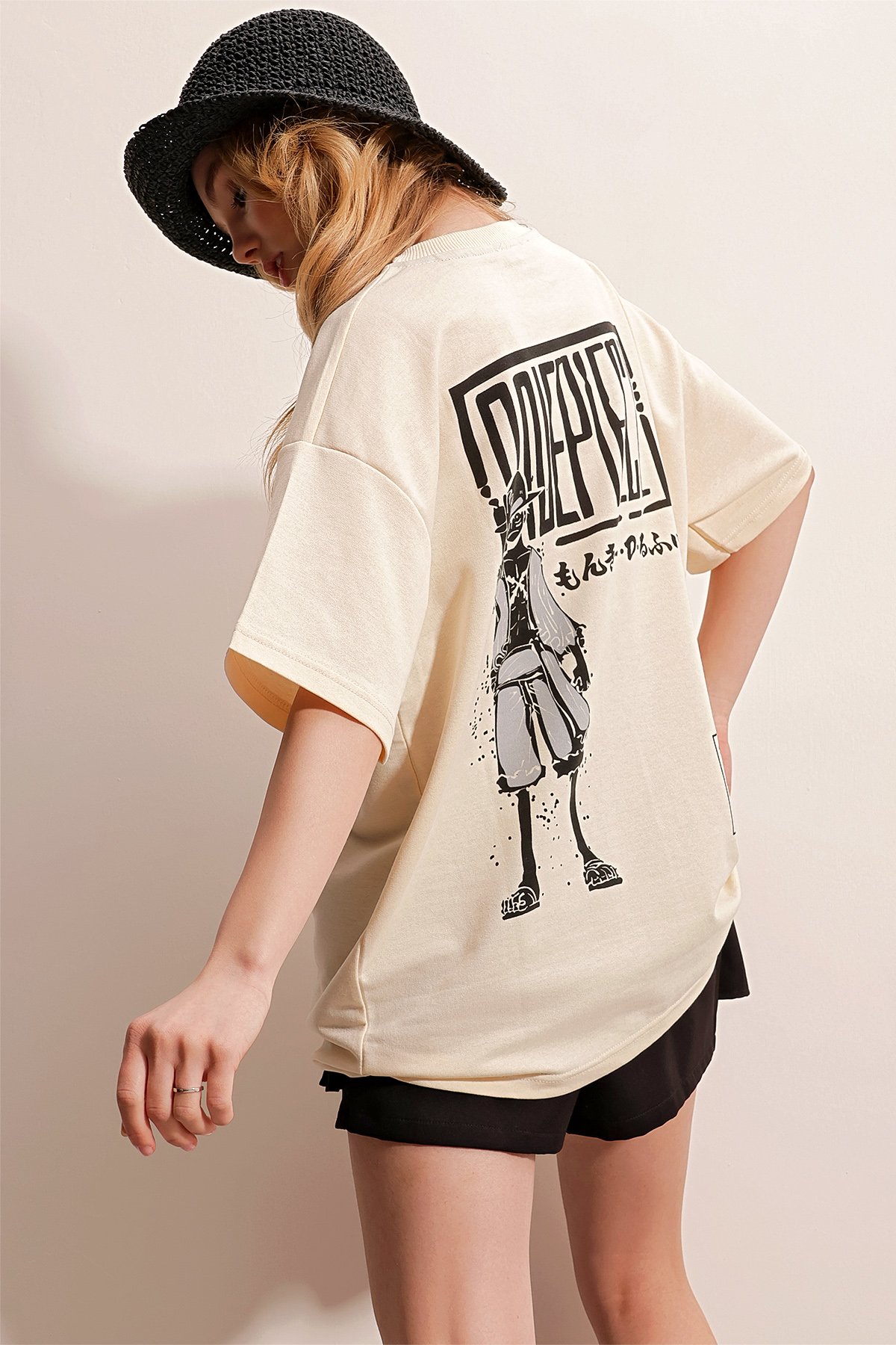 Bisiklet Yaka Önü Ve Arkası Baskılı İki İplik Oversize T-Shirt - TAŞ