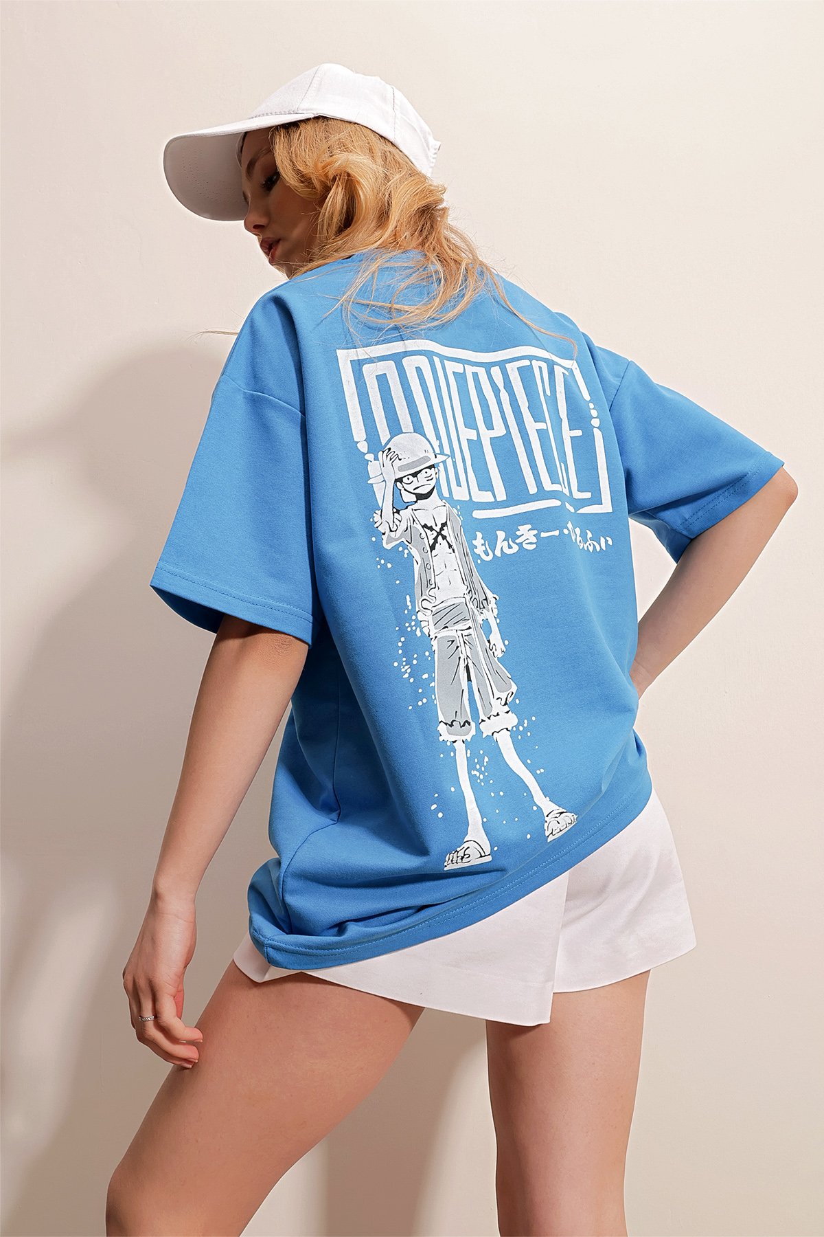 Bisiklet Yaka Önü Ve Arkası Baskılı İki İplik Oversize T-Shirt - MAVİ