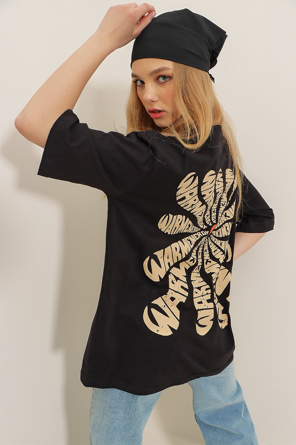 Bisiklet Yaka Önü Ve Arkası Flok Baskılı %100 Pamuk Oversize T-Shirt - Siyah