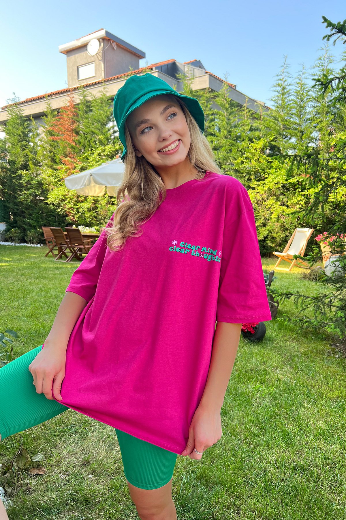 Bisiklet Yaka Önü Ve Arkası Flok Baskılı %100 Pamuk Oversize T-Shirt - Fuşya