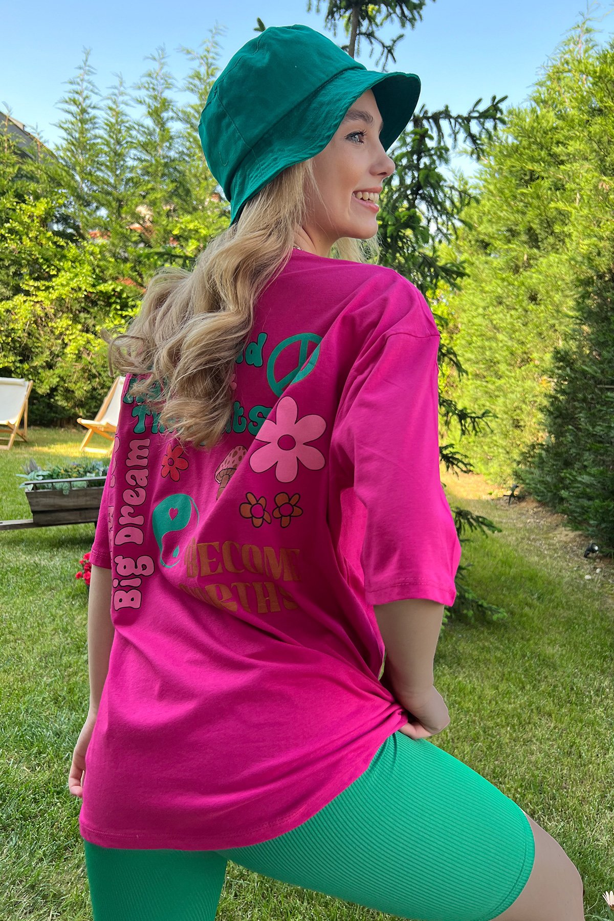 Bisiklet Yaka Önü Ve Arkası Flok Baskılı %100 Pamuk Oversize T-Shirt - Fuşya